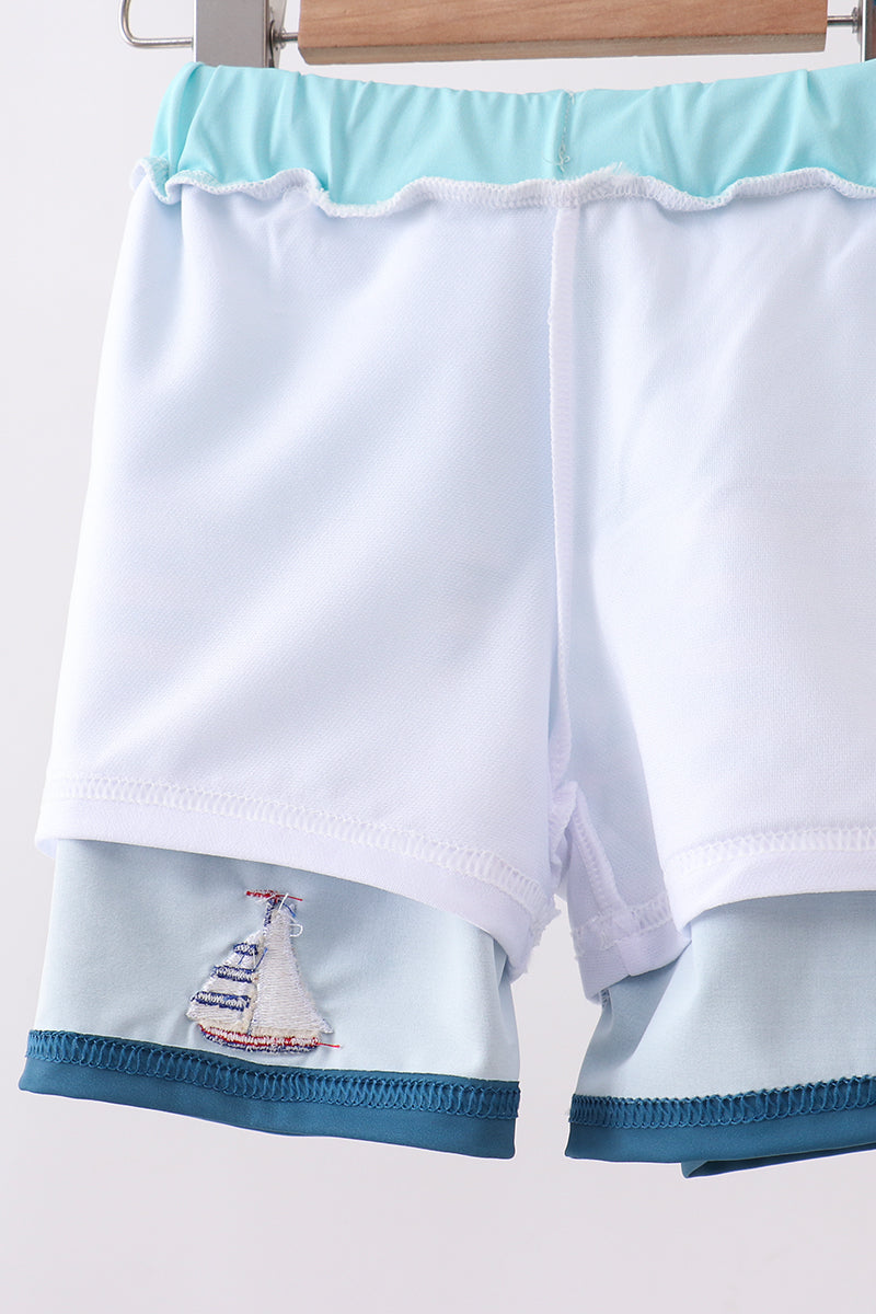 Boys' Blue Stripe Sailboat Embroidery UPF 50+ Swim Trunks