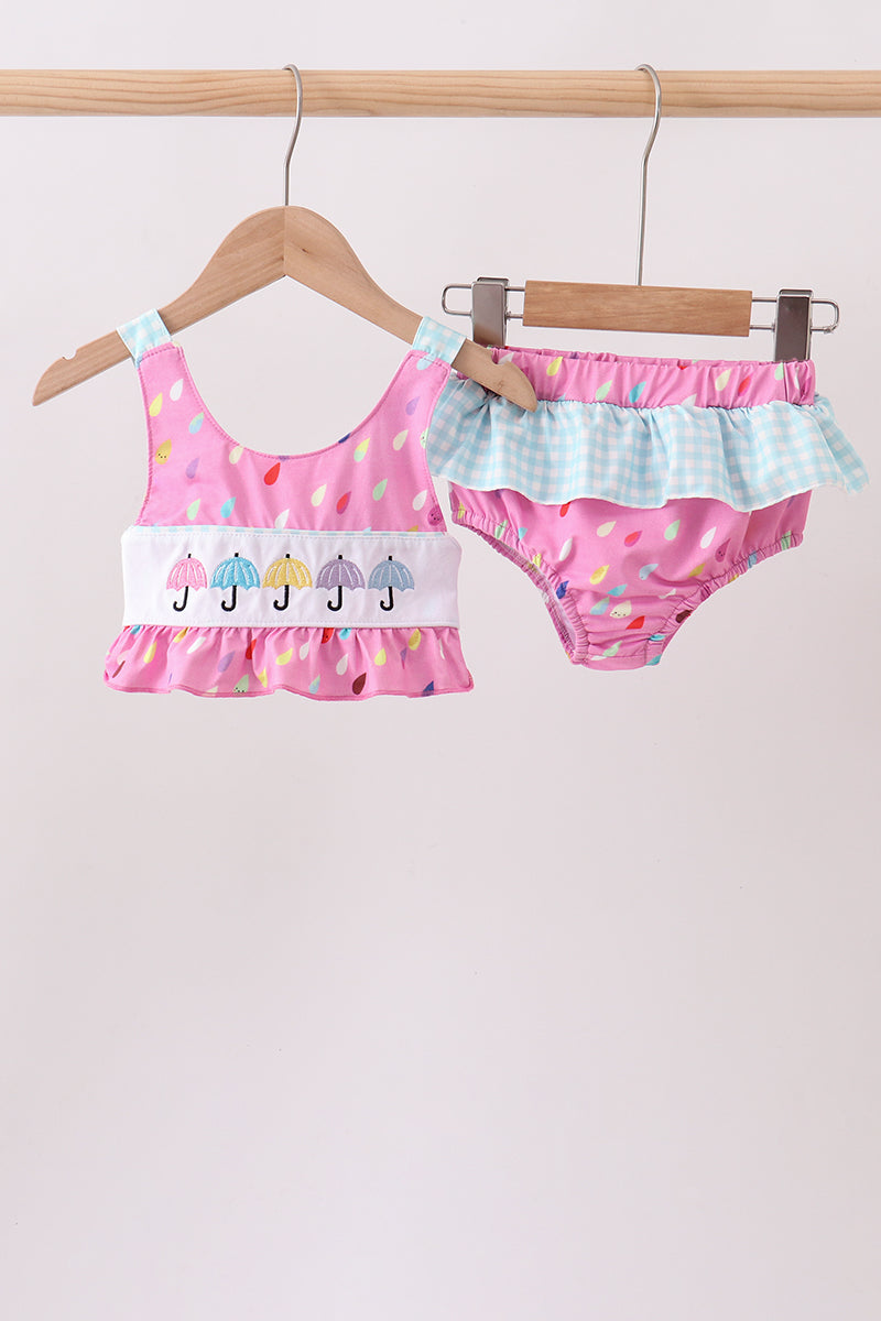 Girls' Hot Pink Umbrella Embroidered UPF 50+ Two-Piece Swim Set