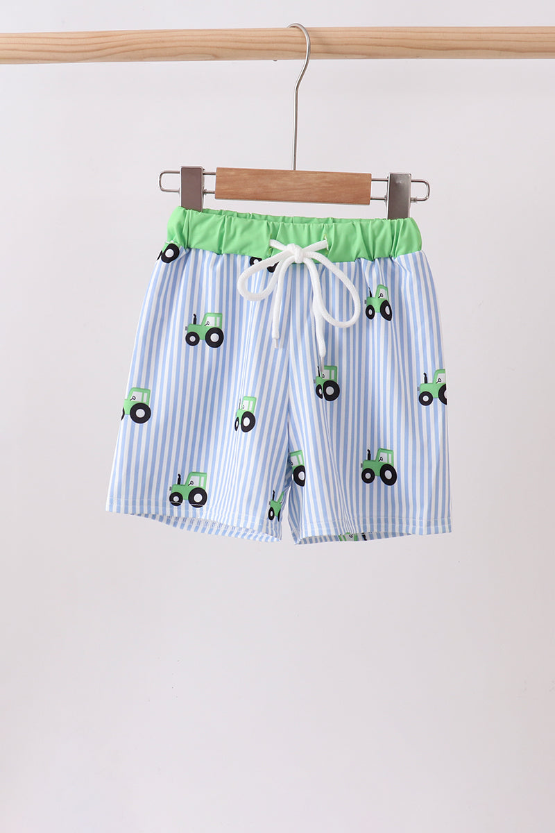 Boys' Blue Tractor Stripe UPF 50+ Swim Trunks