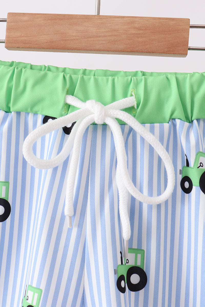 Boys' Blue Tractor Stripe UPF 50+ Swim Trunks
