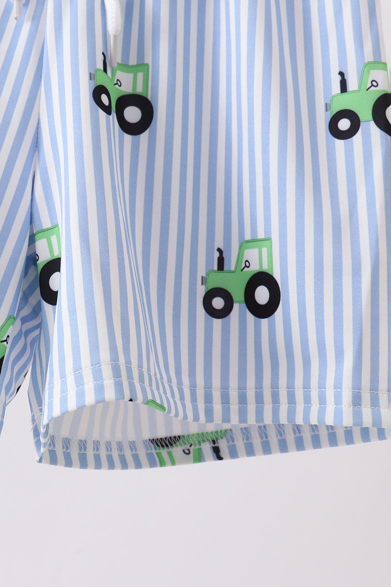 Boys' Blue Tractor Stripe UPF 50+ Swim Trunks