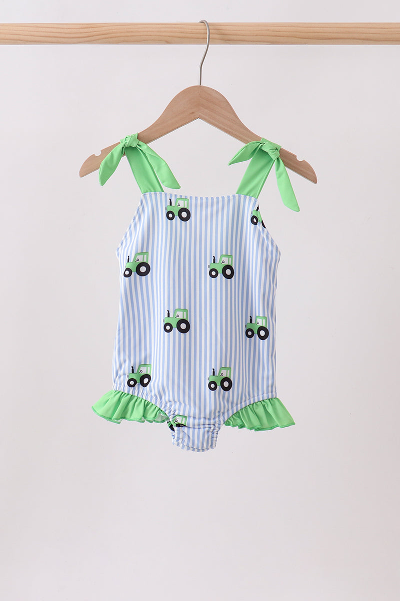 Girls' Blue Tractor Stripe UPF 50+ One-Piece Swimsuit