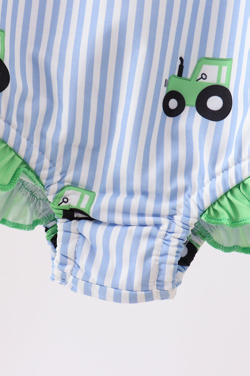 Girls' Blue Tractor Stripe UPF 50+ One-Piece Swimsuit