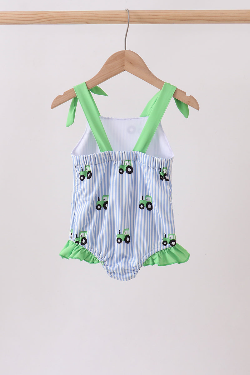 Girls' Blue Tractor Stripe UPF 50+ One-Piece Swimsuit