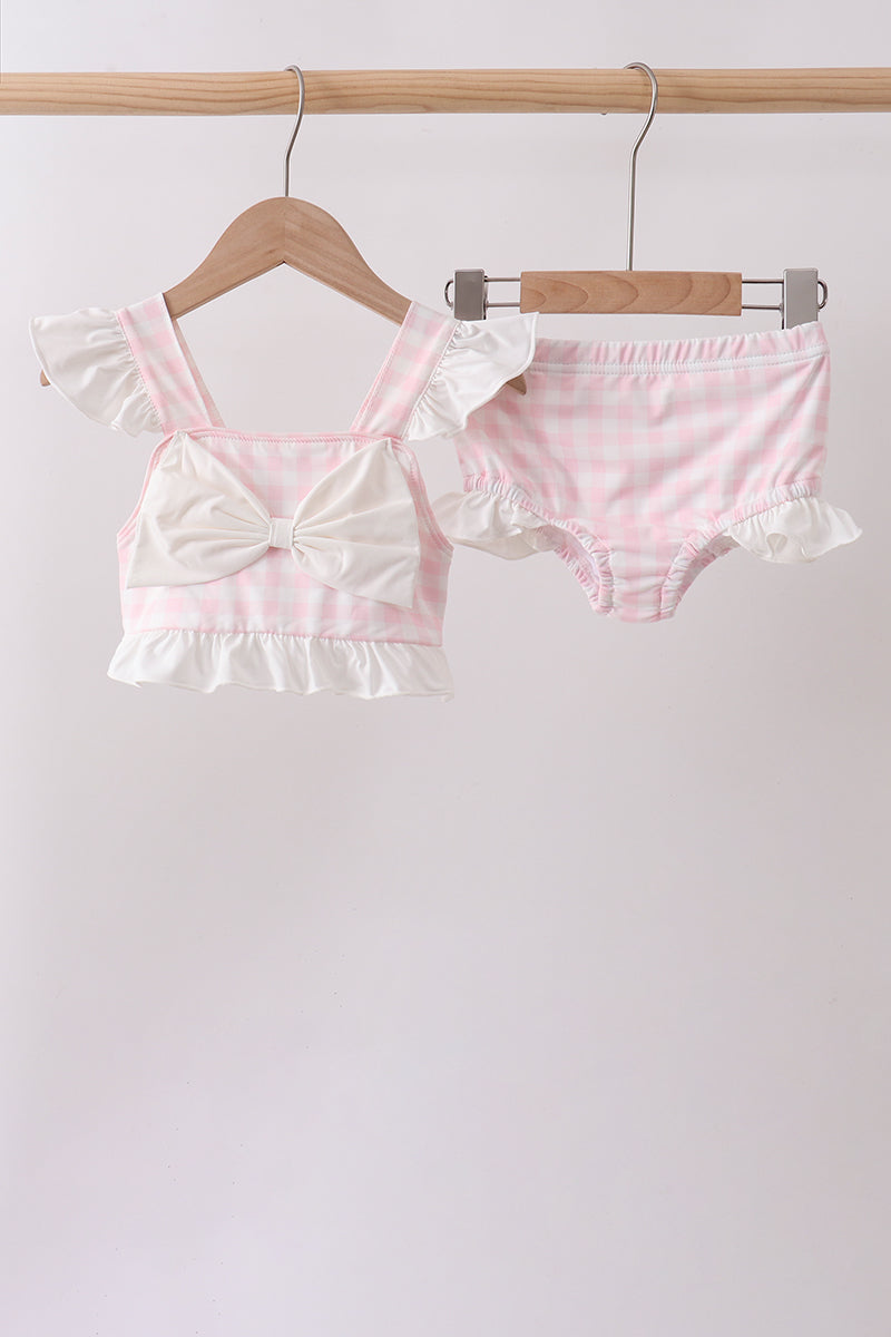 Girls' Pink Plaid Bow UPF 50+ Two-Piece Swim Set