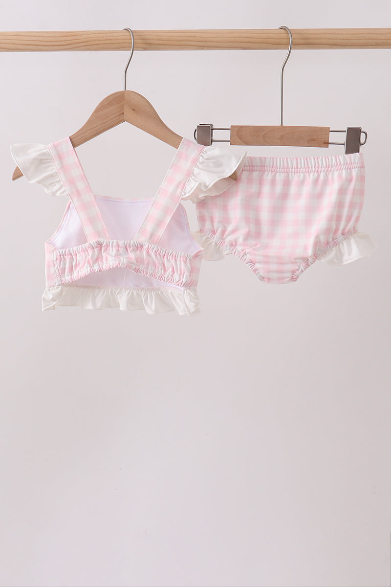 Girls' Pink Plaid Bow UPF 50+ Two-Piece Swim Set