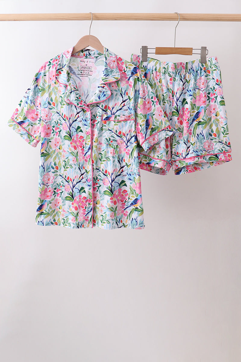 Women's Pink Floral Bamboo Pajama Set – Soft Two-Piece Sleepwear