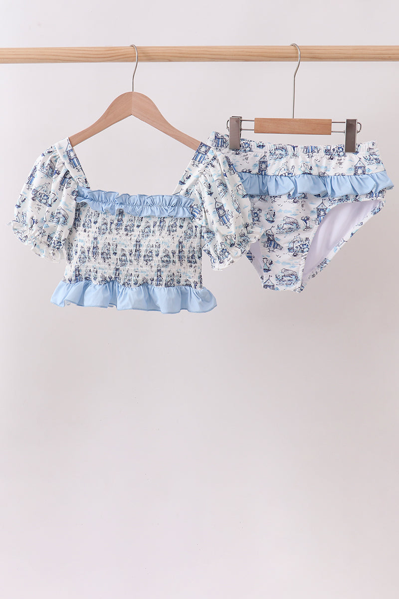 Women's Blue Beach Smocked UPF 50+ Two-Piece Swim Set