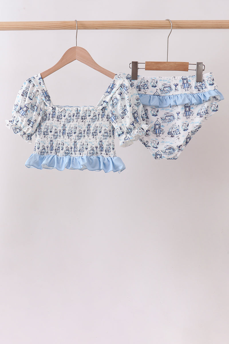 Women's Blue Beach Smocked UPF 50+ Two-Piece Swim Set