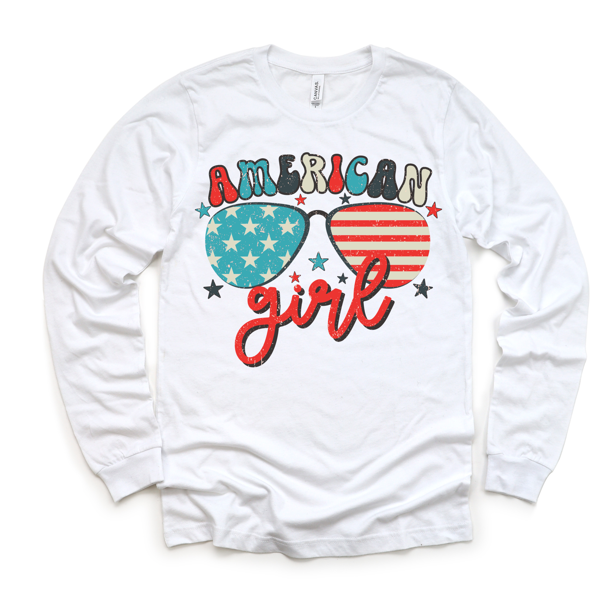 White long-sleeve shirt with 'American Girl' design featuring sunglasses and stars on a white background