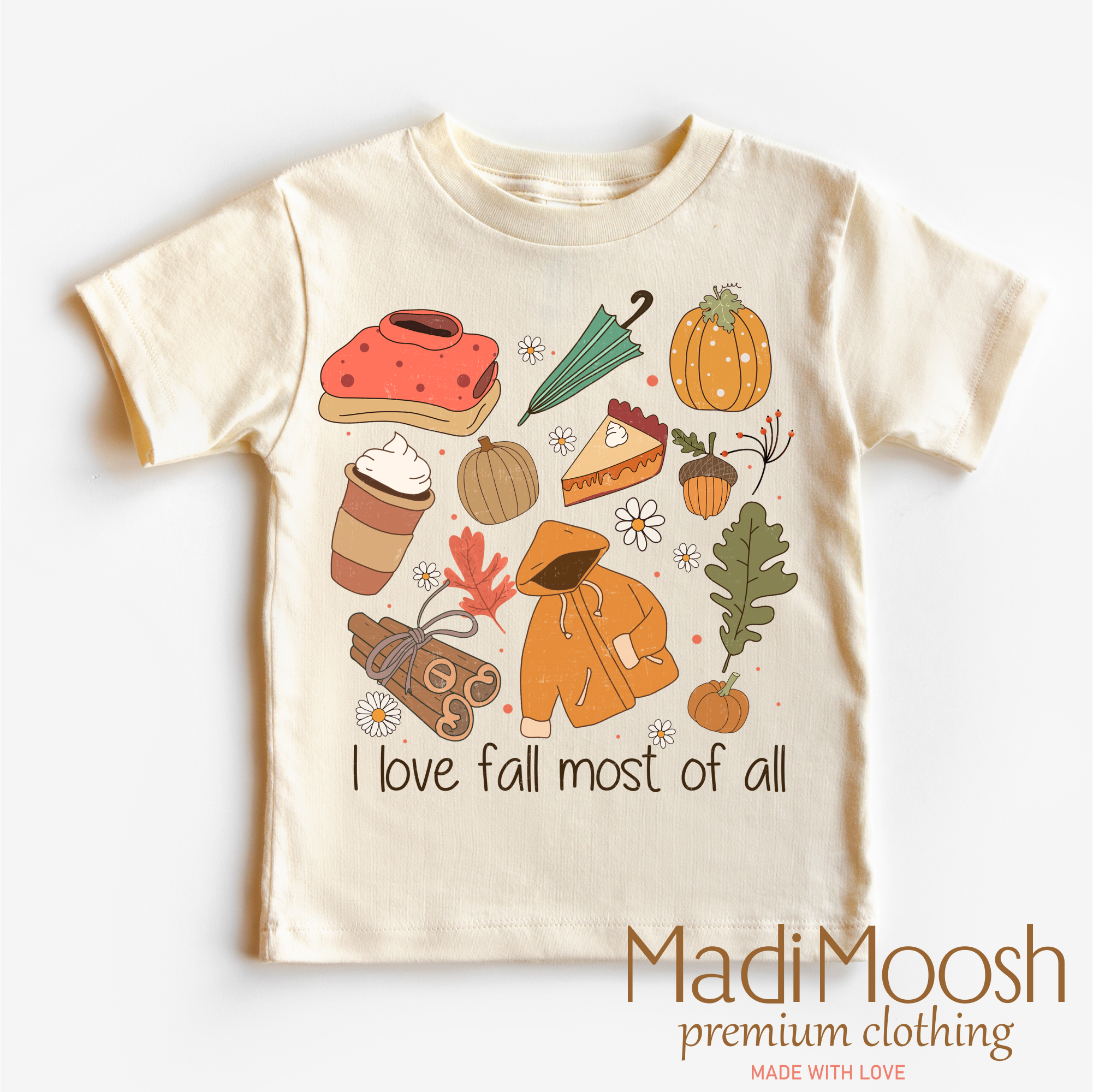 Children's t-shirt with autumn-themed graphics and text on a white background