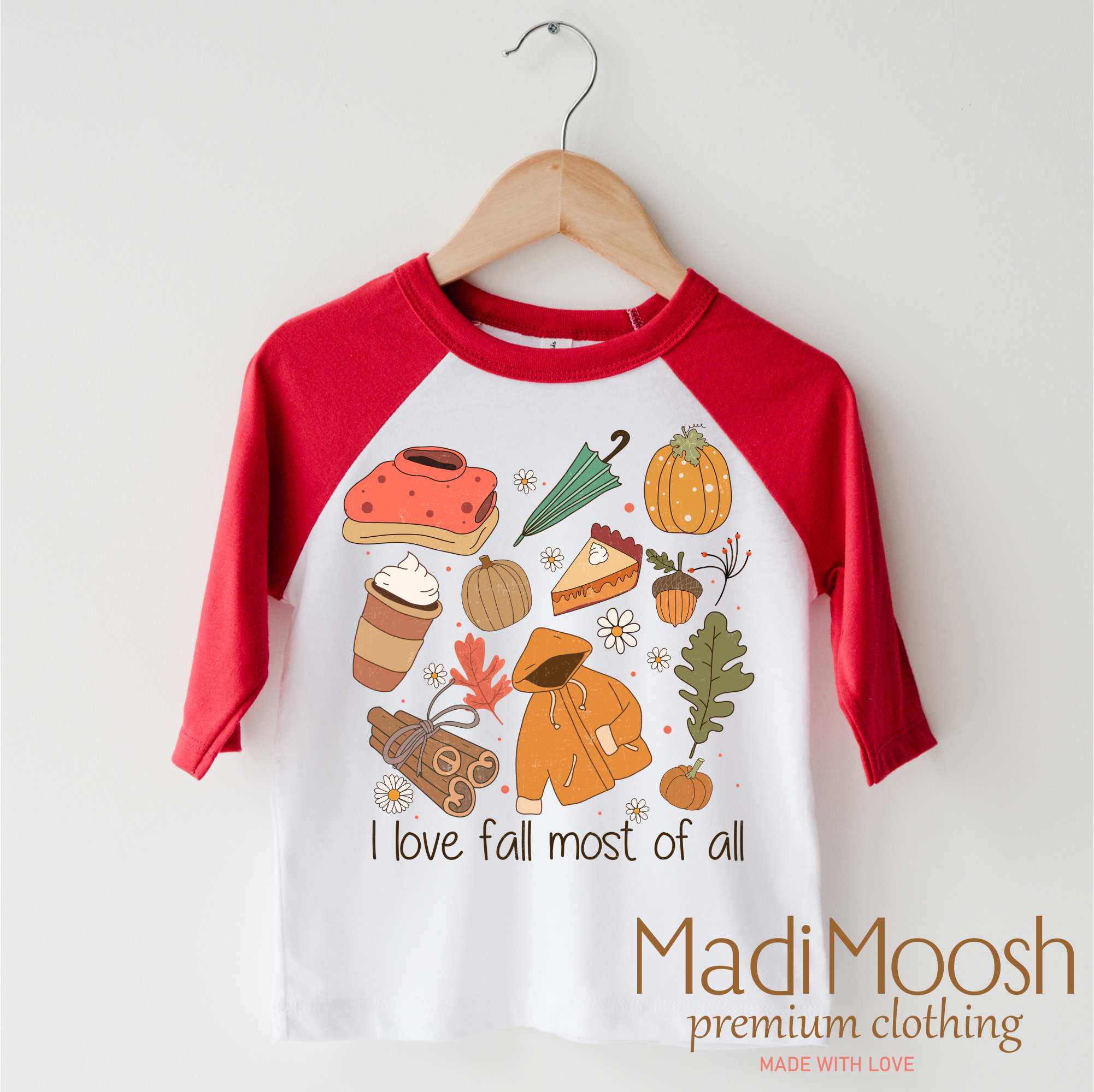Children's 3/4 sleeve shirt with autumn-themed design and 'Madi Moosh' branding on a white background
