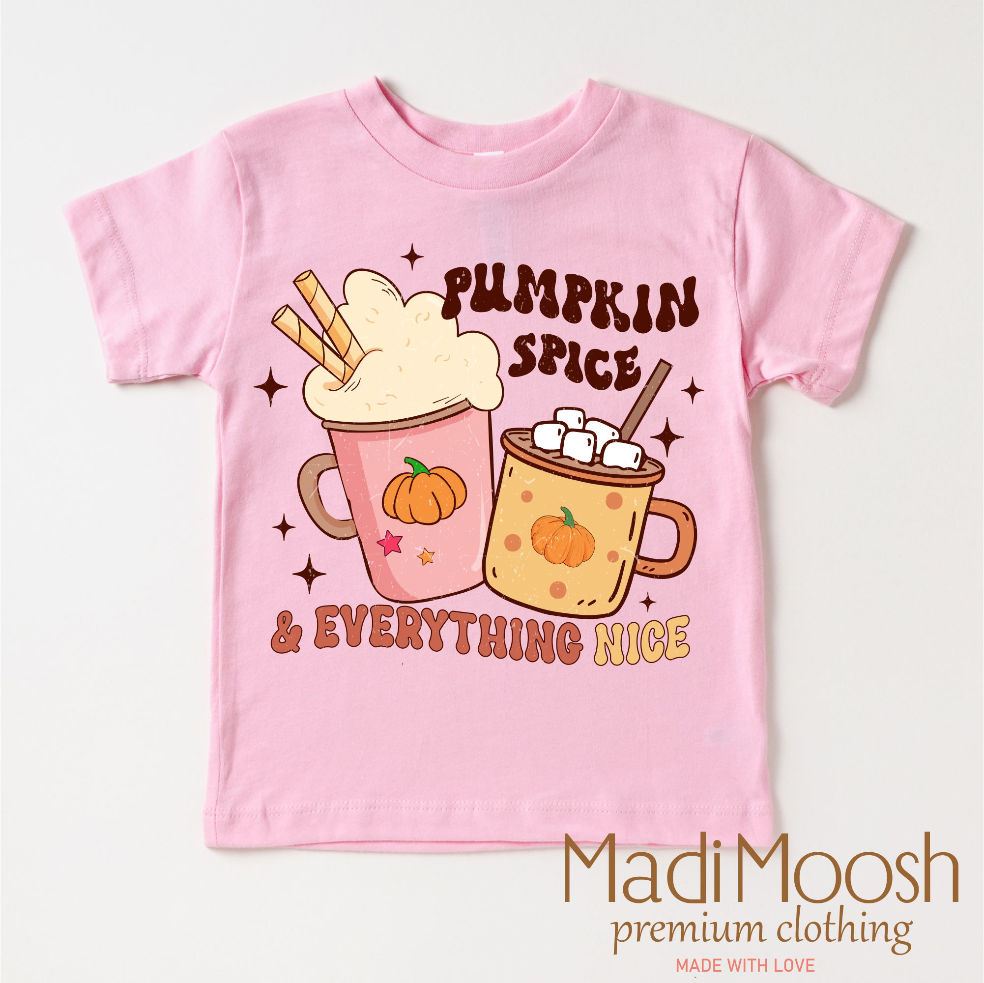 Pink t-shirt with pumpkin spice and marshmallow graphic and 'Madi Moosh' branding.
