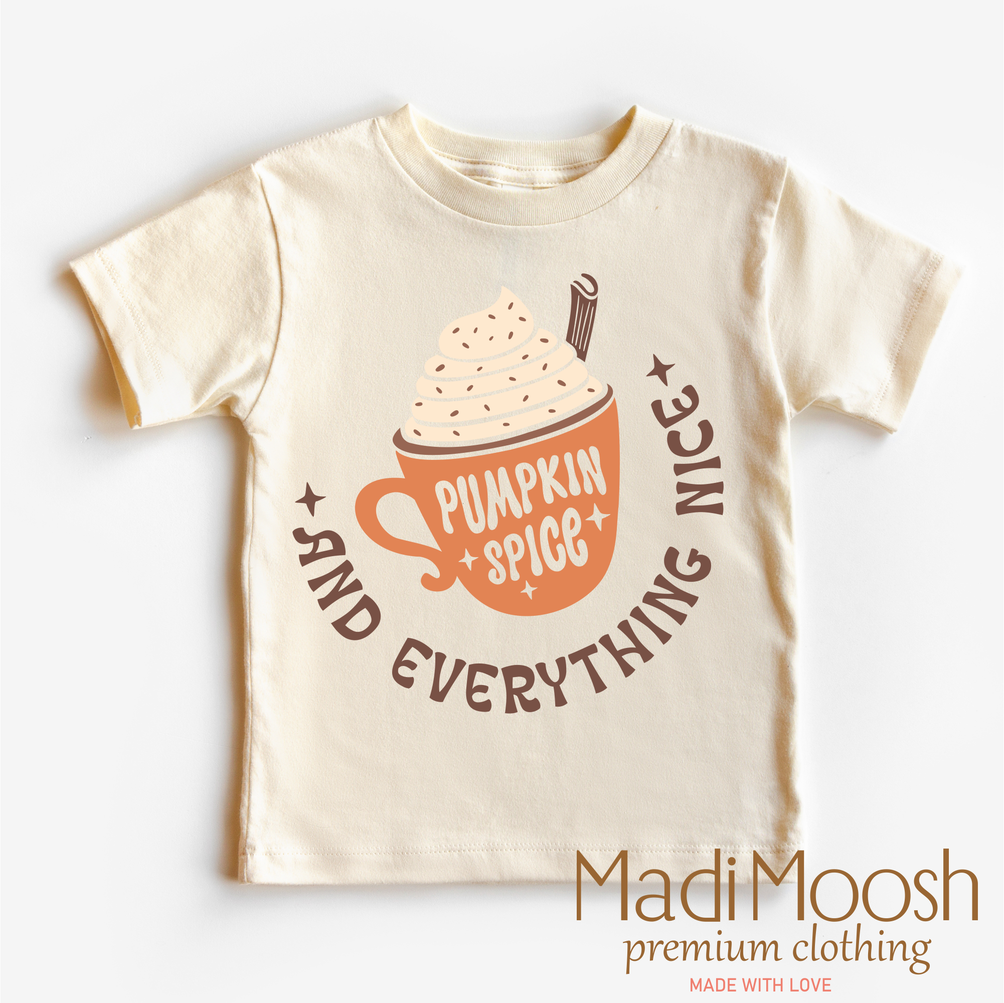Beige t-shirt with pumpkin spice design and 'Madi Moosh' branding on a white background