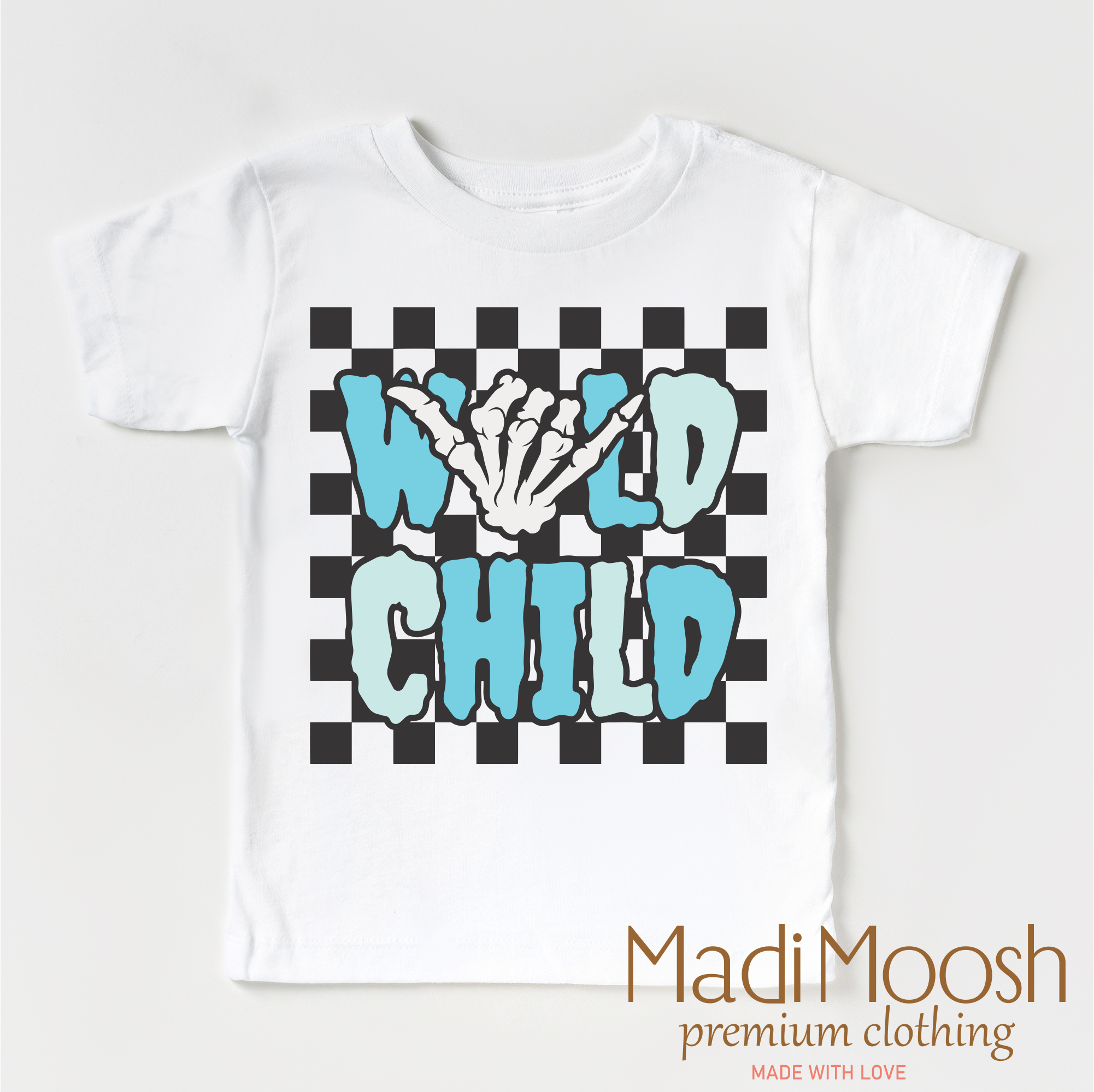 White t-shirt with 'Wild Child' design and Madi Moosh branding on a white background