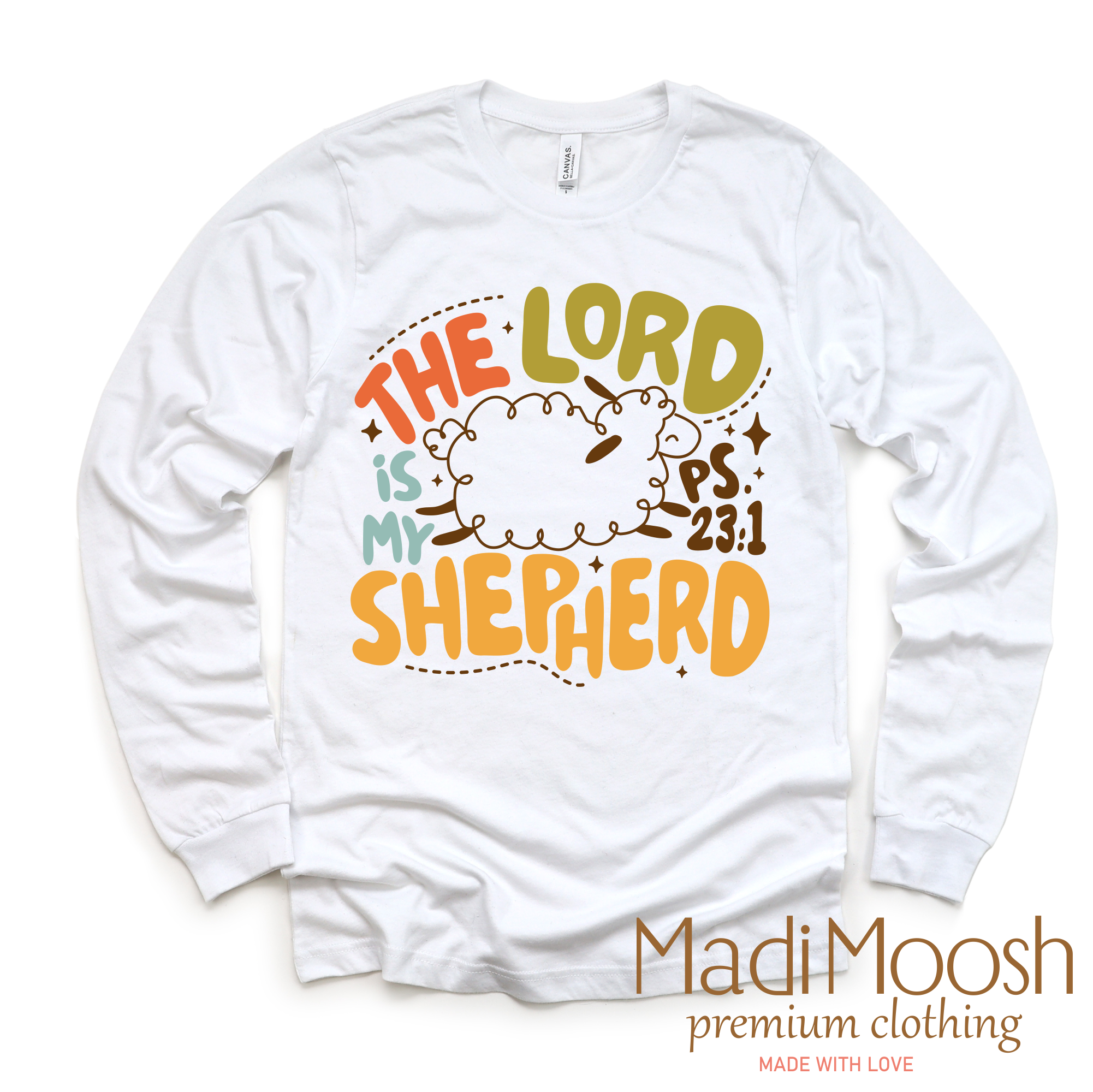 White long sleeve shirt with 'The Lord is my Shepherd' text on a white background