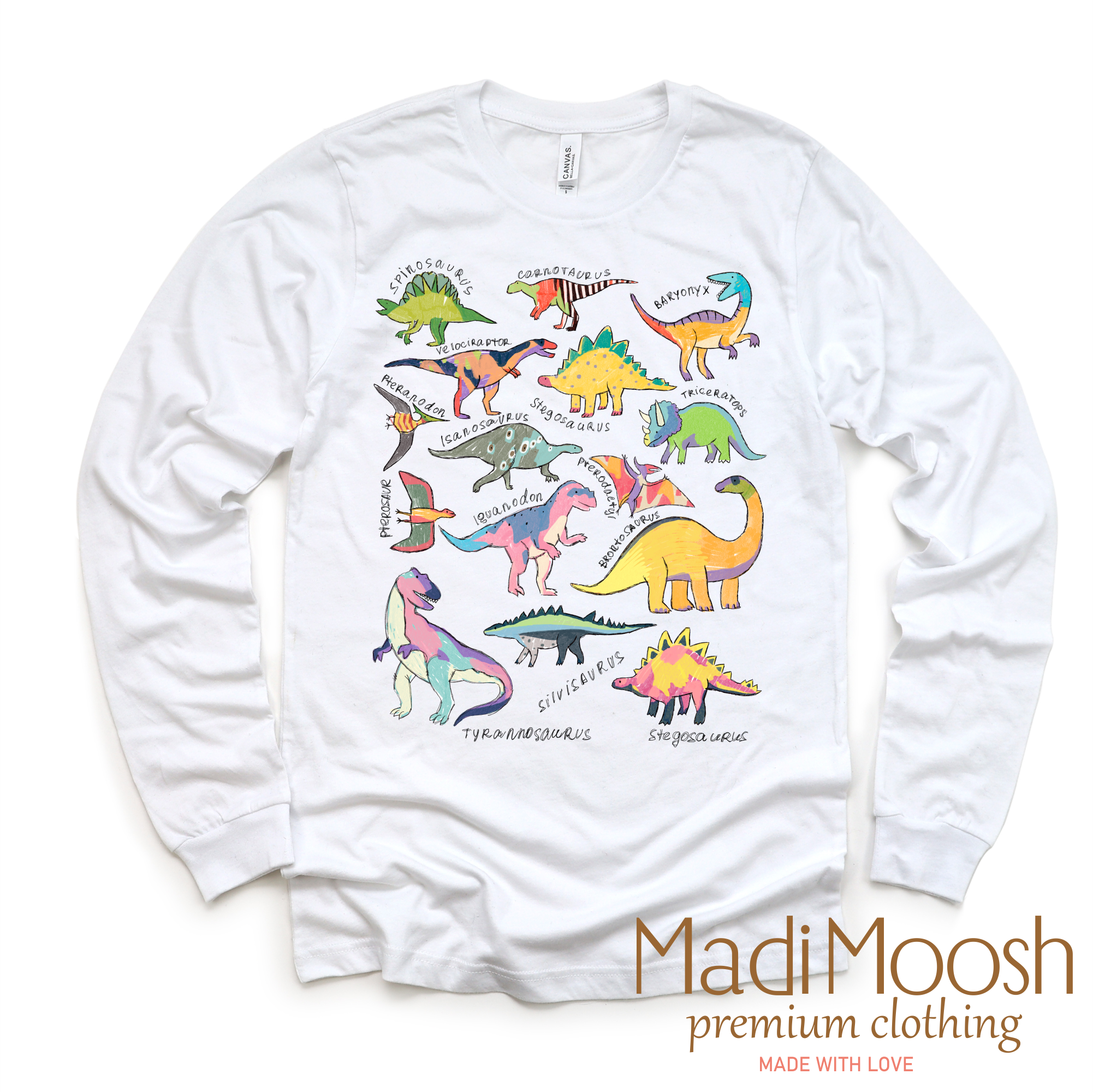 White long sleeve shirt with colorful dinosaur illustrations and 'Madi Moosh' branding on a white background.