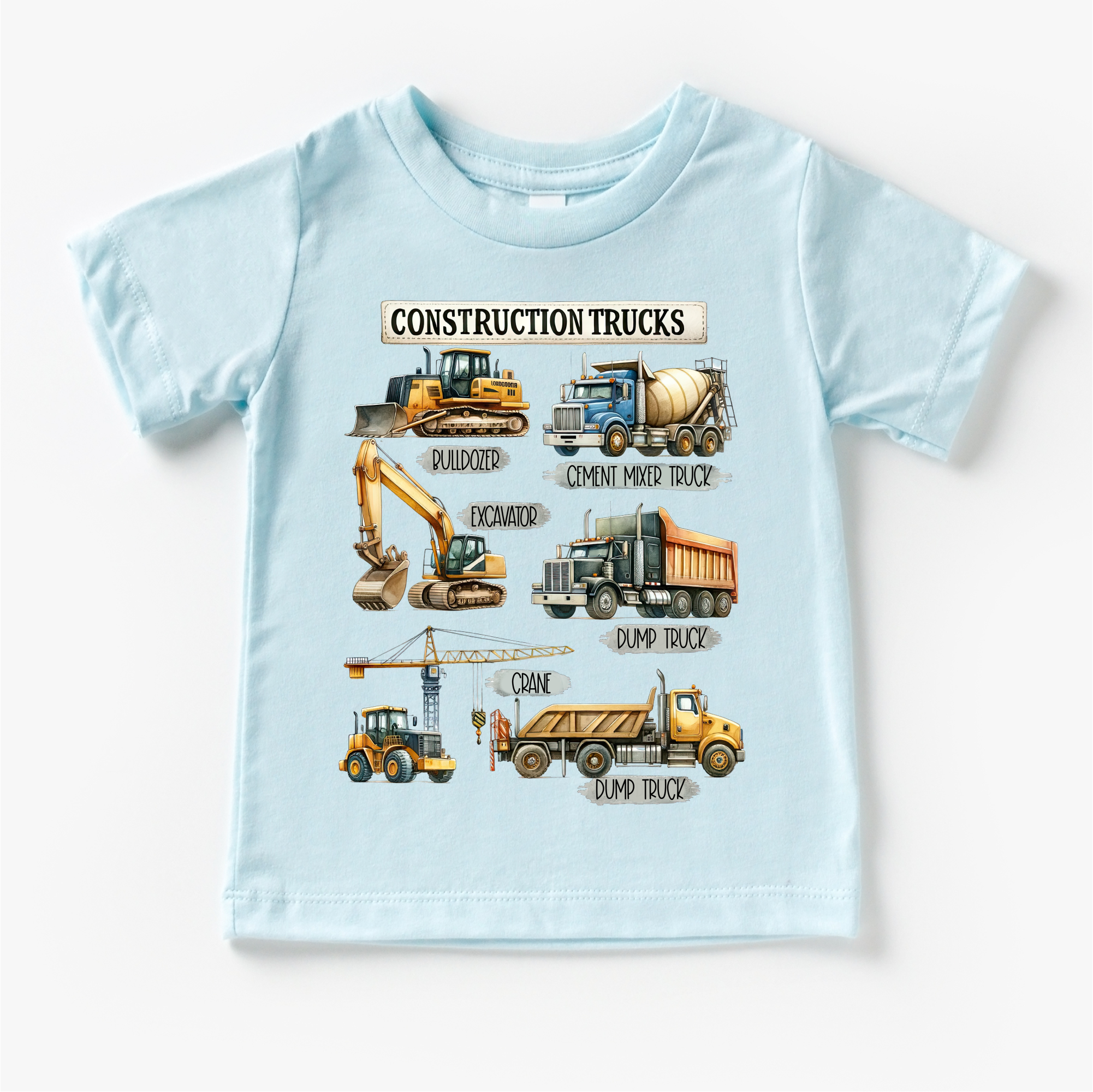 Light blue t-shirt with construction vehicle illustrations and text on a white background
