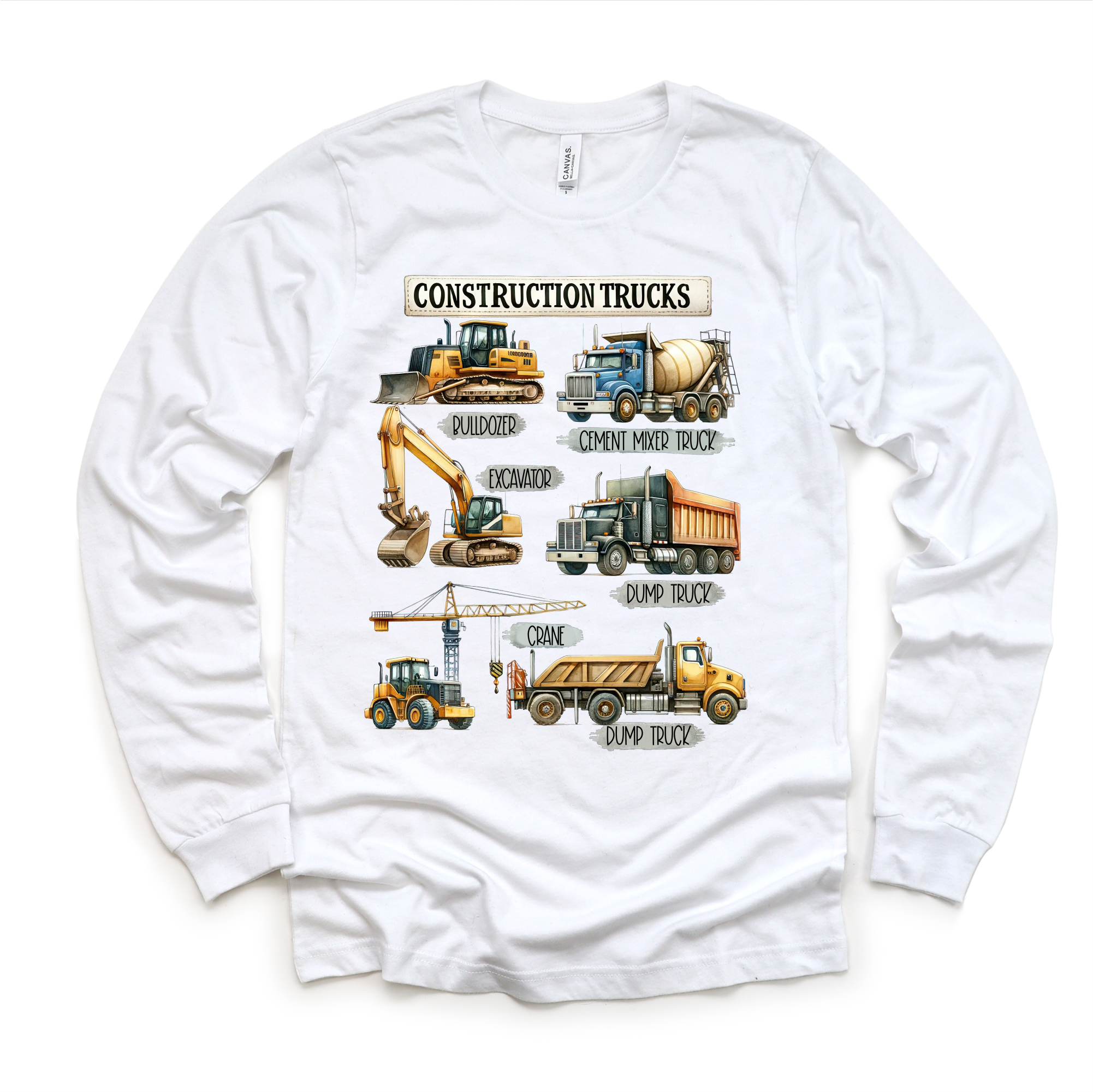 White long-sleeve shirt with colorful construction truck illustrations on a white background