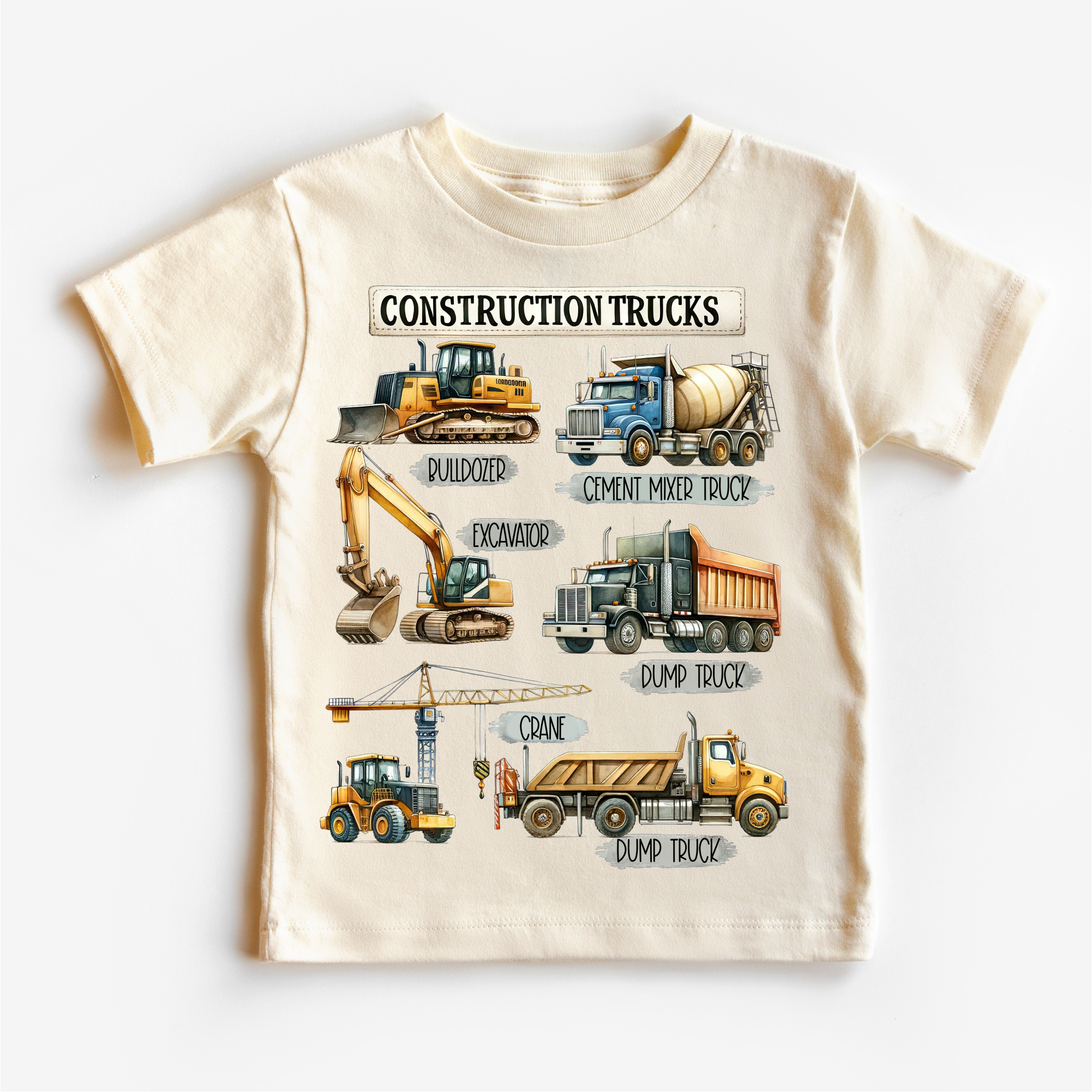 Children's t-shirt with illustrations of construction trucks on a white background