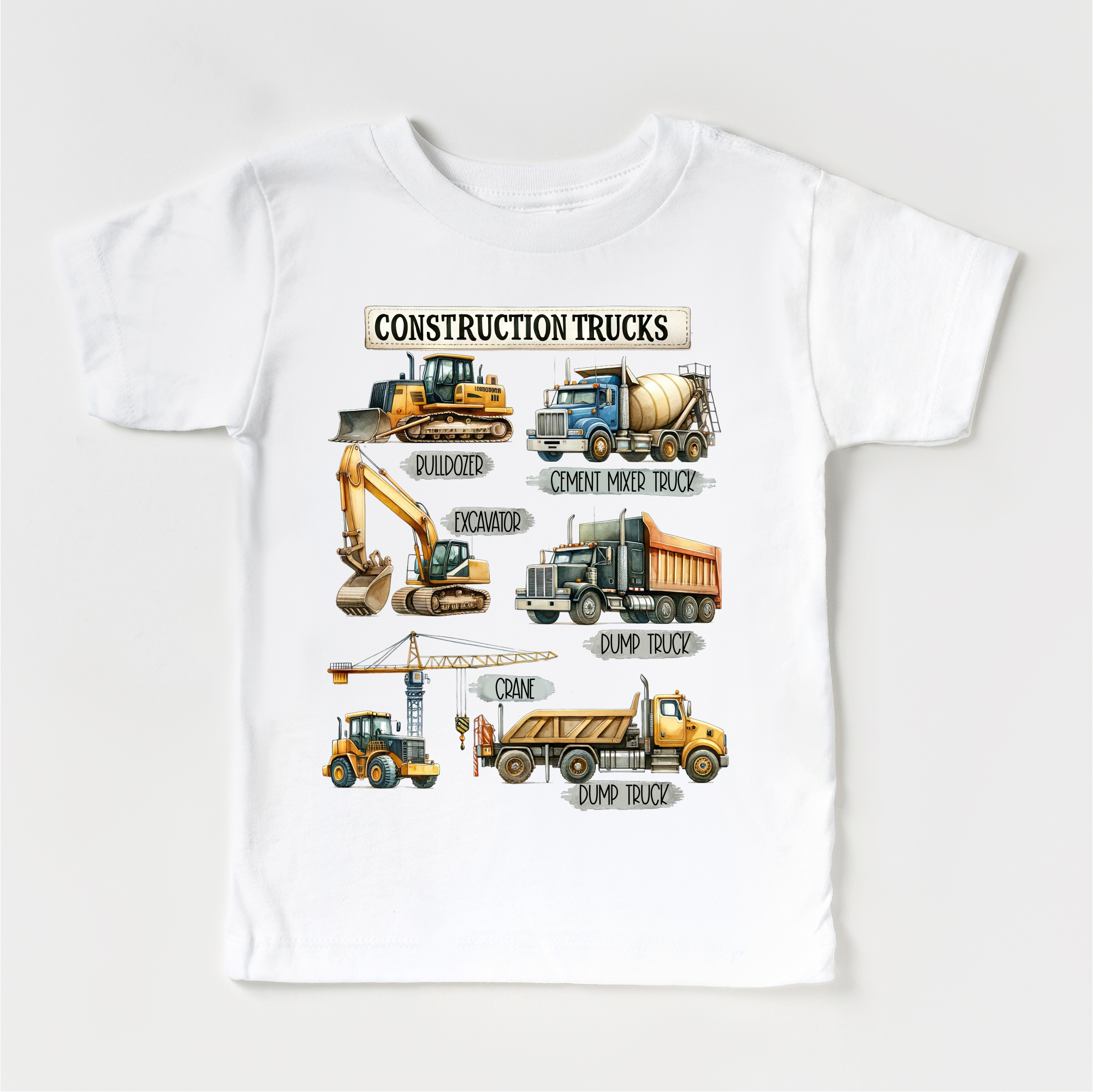White t-shirt with colorful construction truck illustrations and labels on a white background