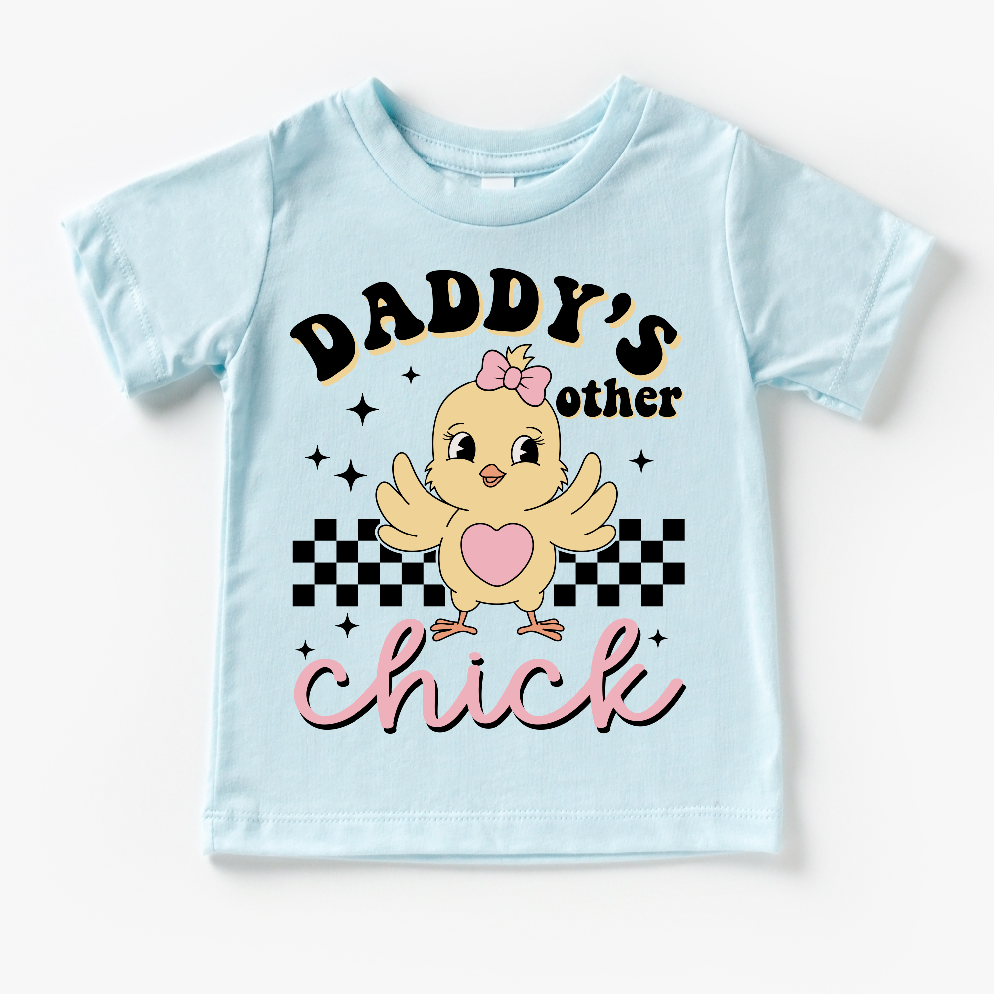 Light blue t-shirt with a chick graphic and text on a white background