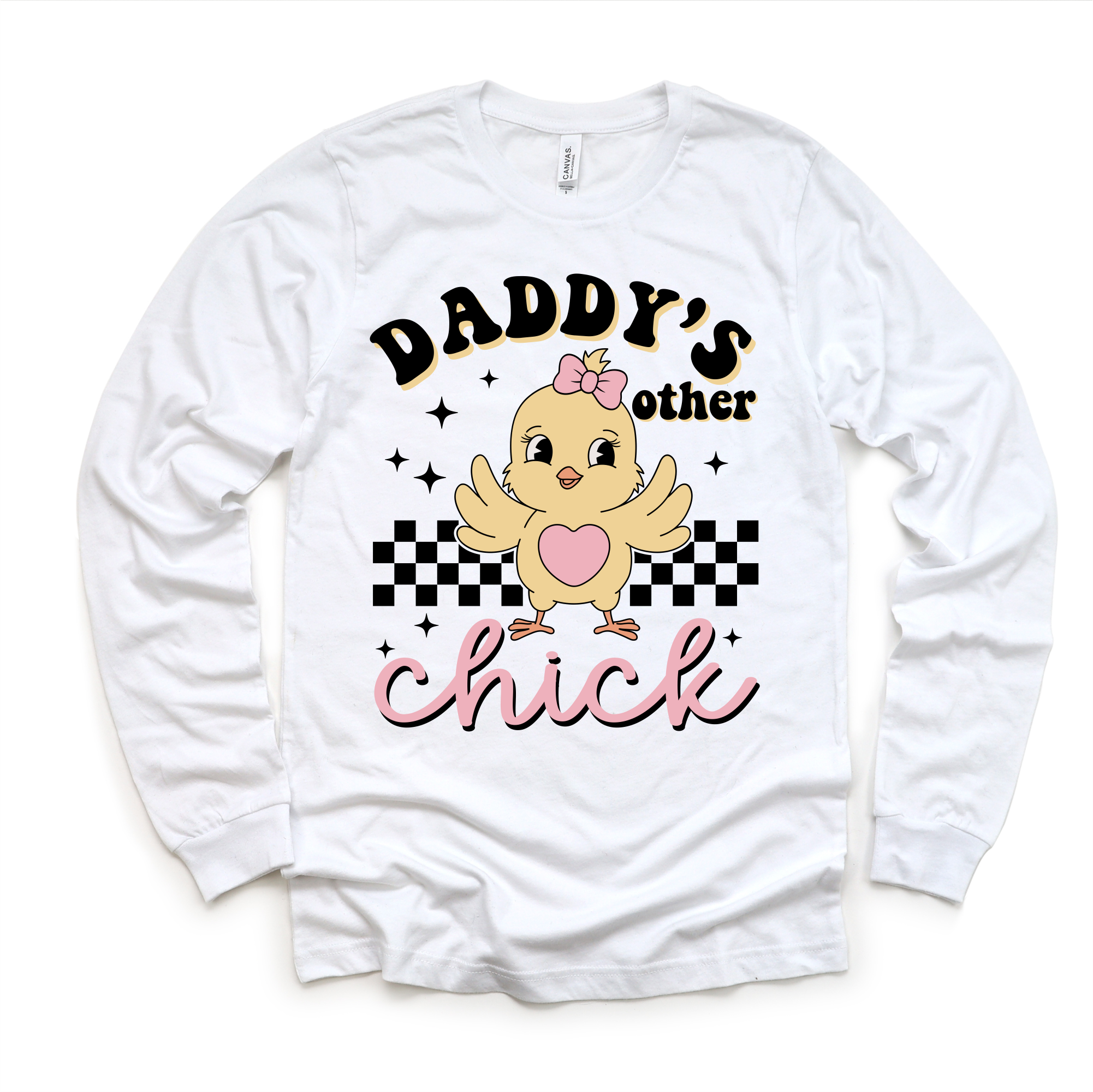 White long sleeve shirt with a chick graphic and text on a white background