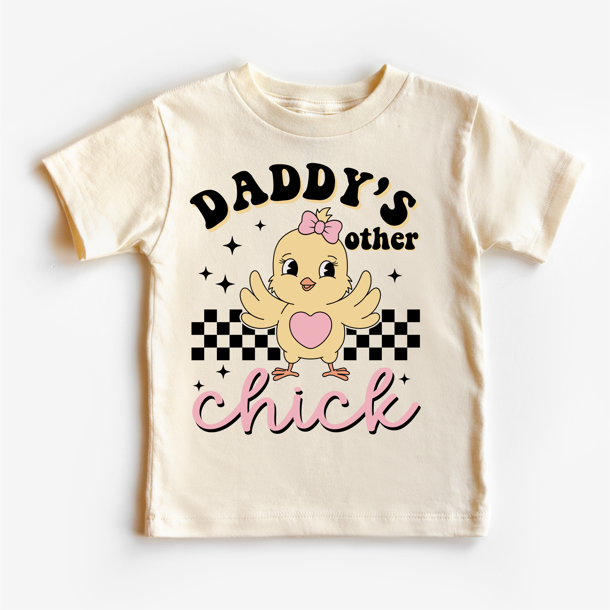 Beige t-shirt with a chick graphic and text on a white background