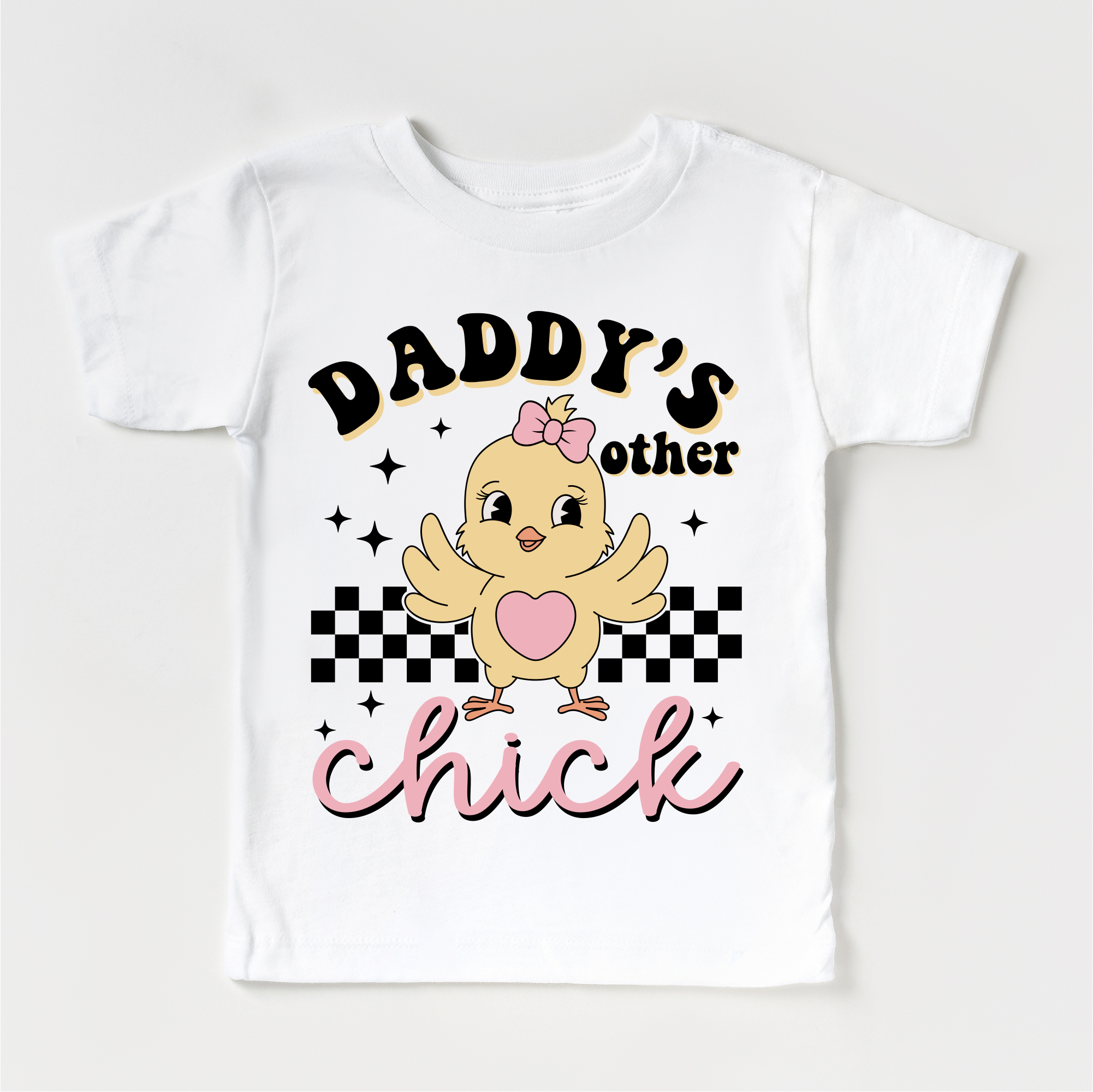 White t-shirt with a chick graphic and text on a white background