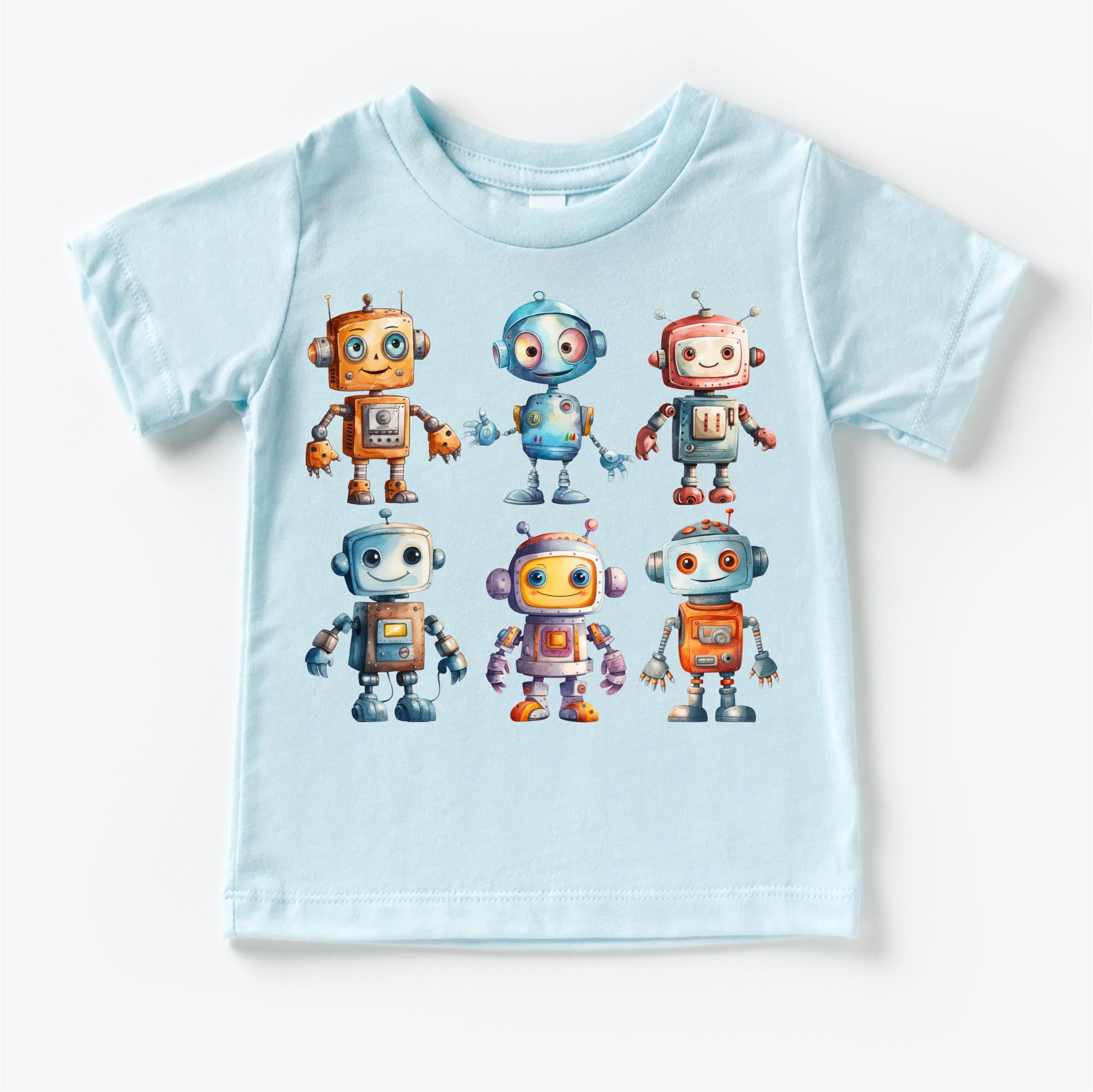 Light blue t-shirt with robot illustrations on a white background