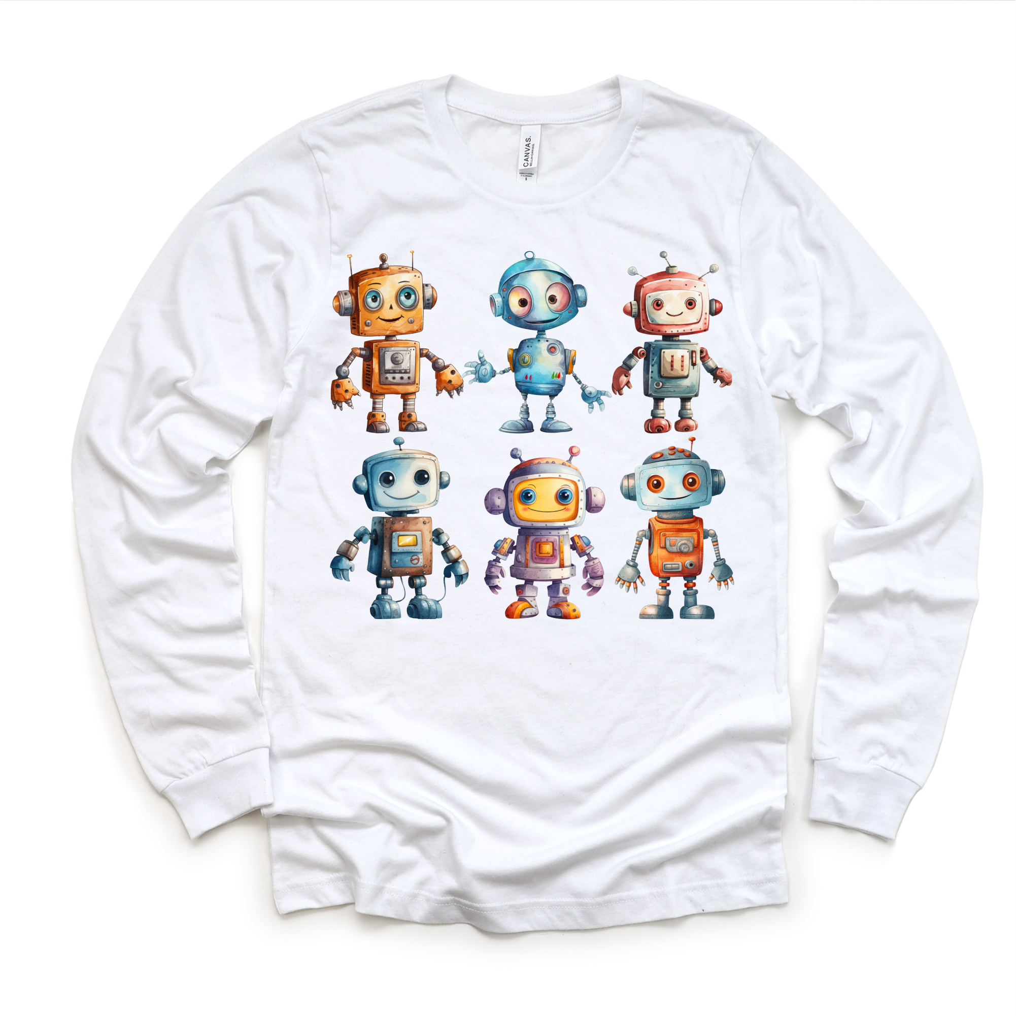 White long sleeve shirt with colorful robot graphics on a white background