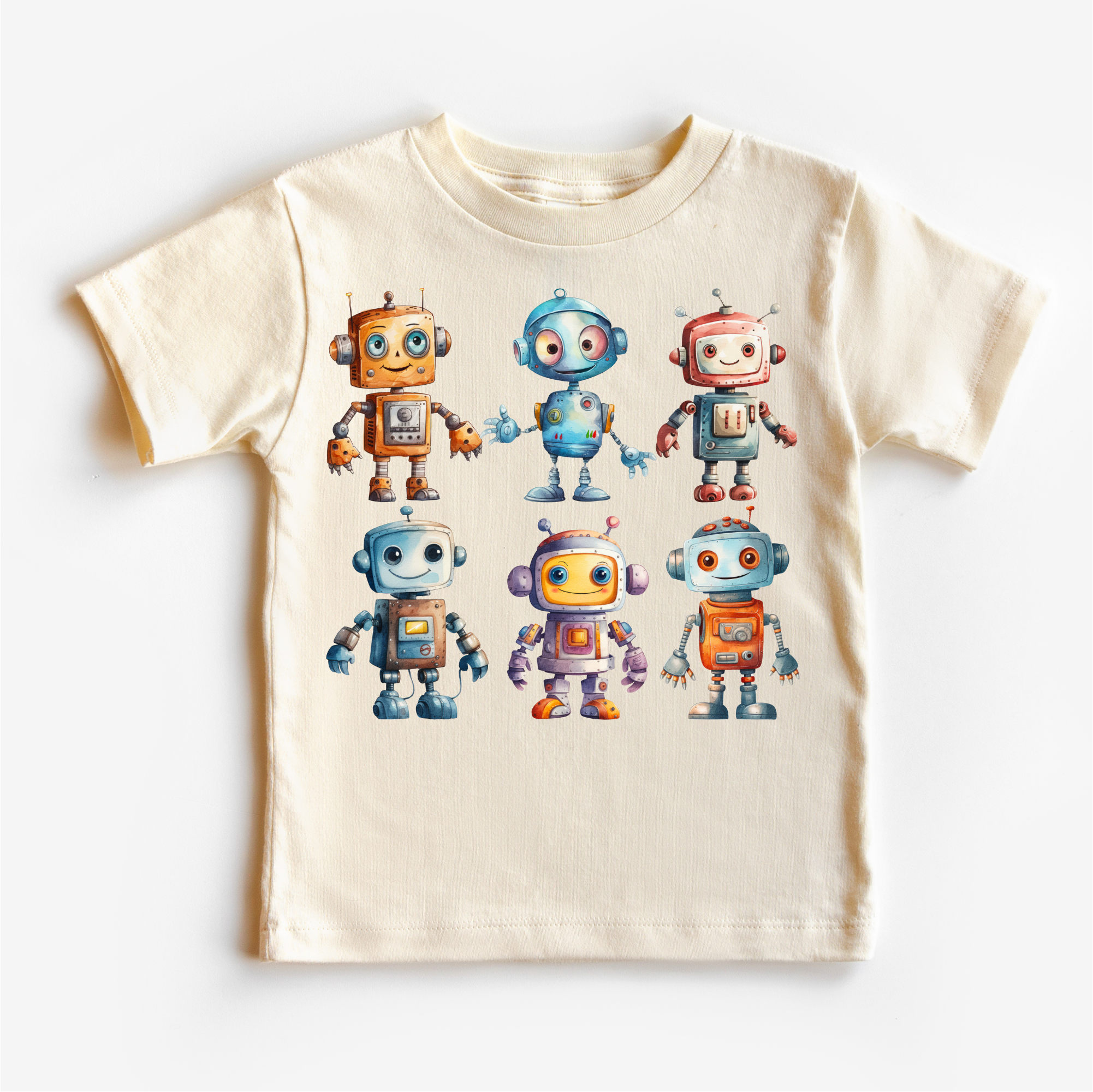 Beige t-shirt with colorful robot illustrations on a white background