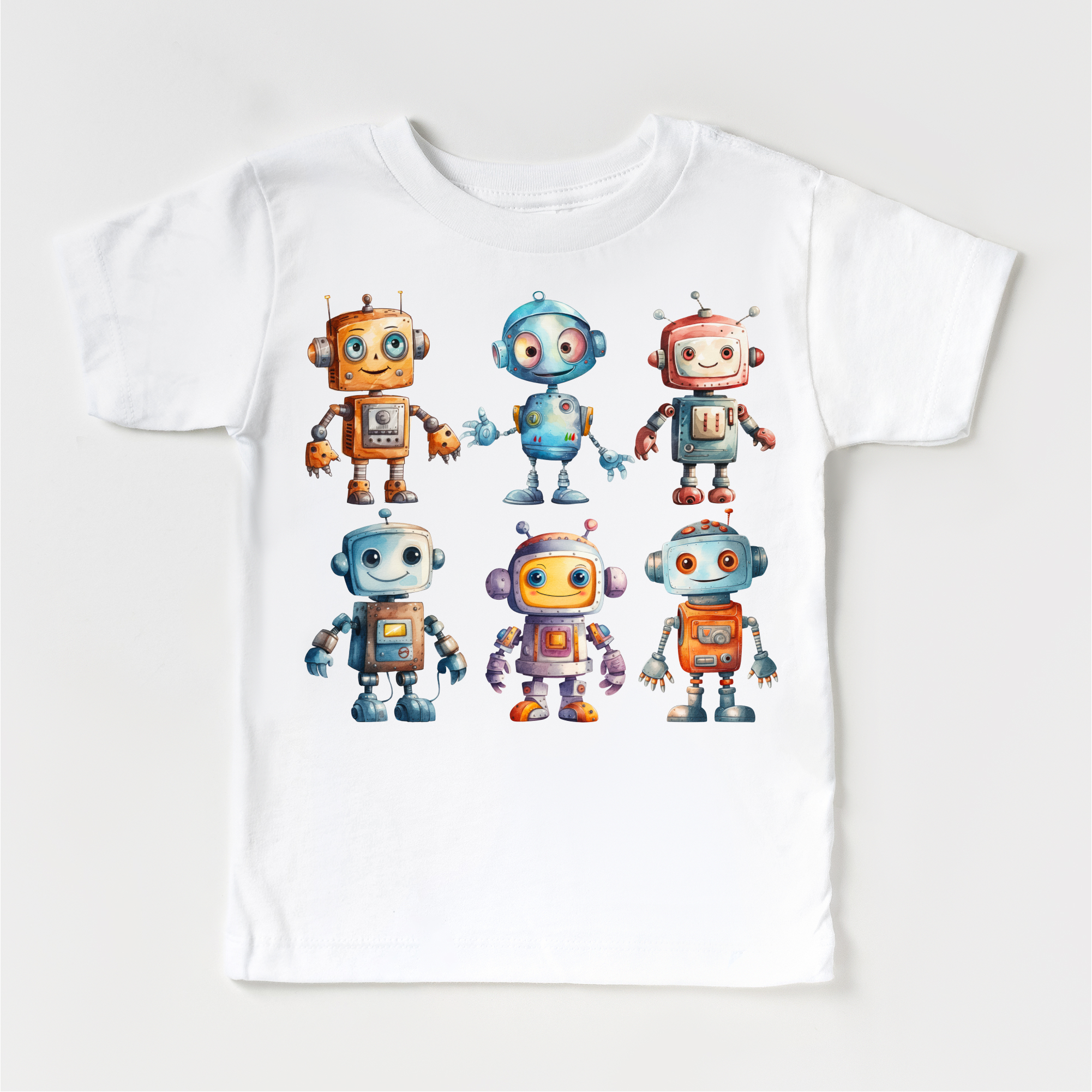 White t-shirt with colorful robot illustrations on a white background