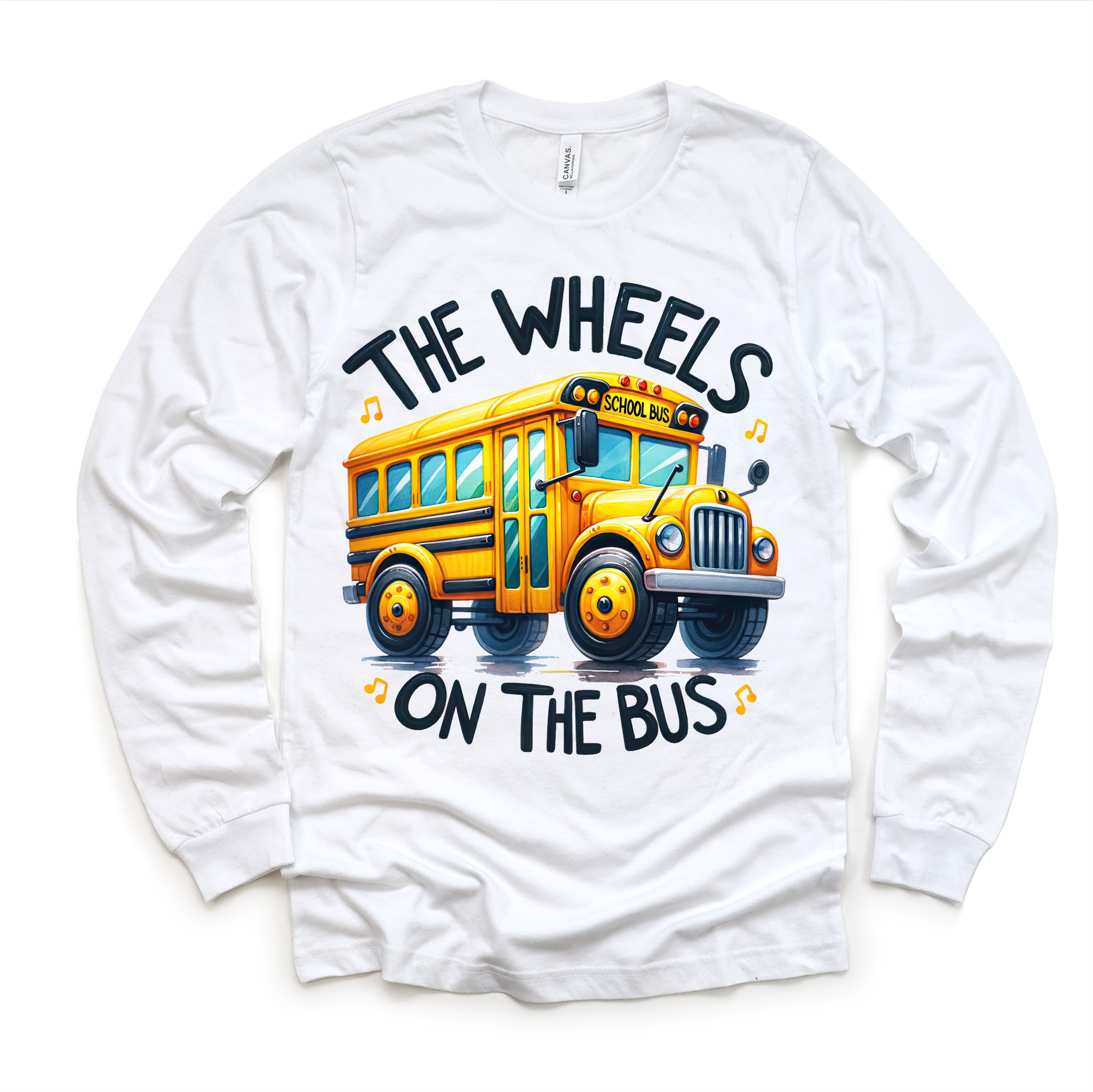White long sleeve shirt with a yellow school bus graphic and text on a white background