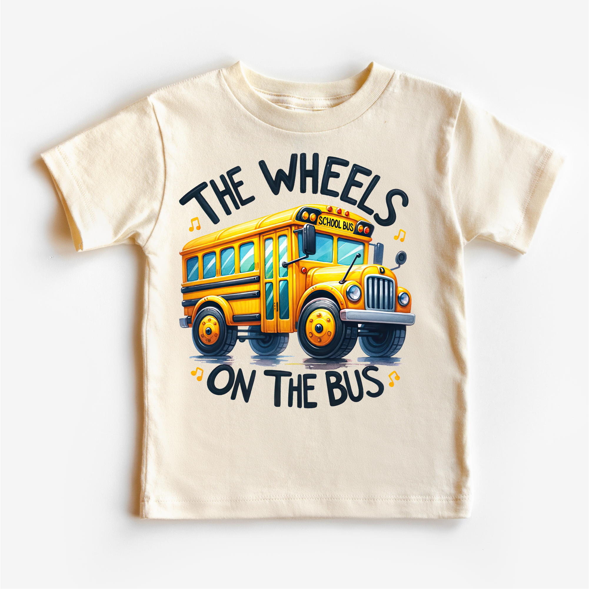 Children's t-shirt with a yellow school bus graphic and text on a white background