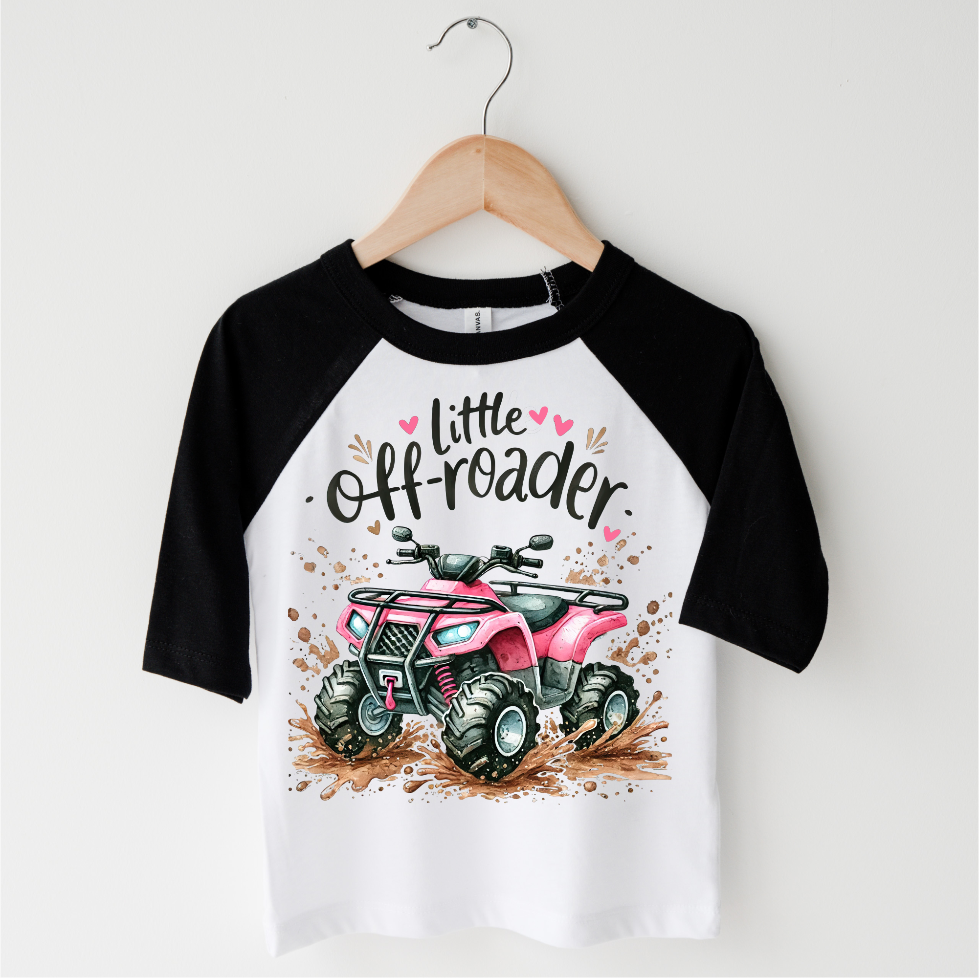 Children's 3/4 sleeve shirt with 'Little Off-Roader' design featuring an ATV on a hanger against a white background.