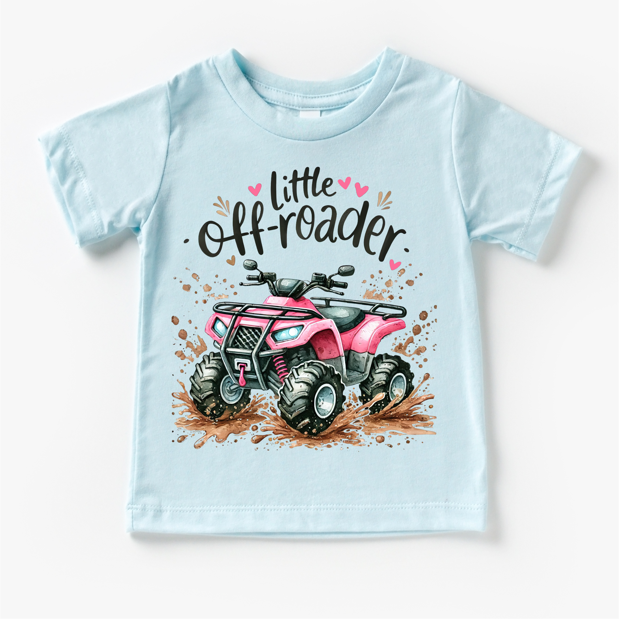 Light blue t-shirt with pink ATV graphic and 'Little Off-Roader' text on a white background