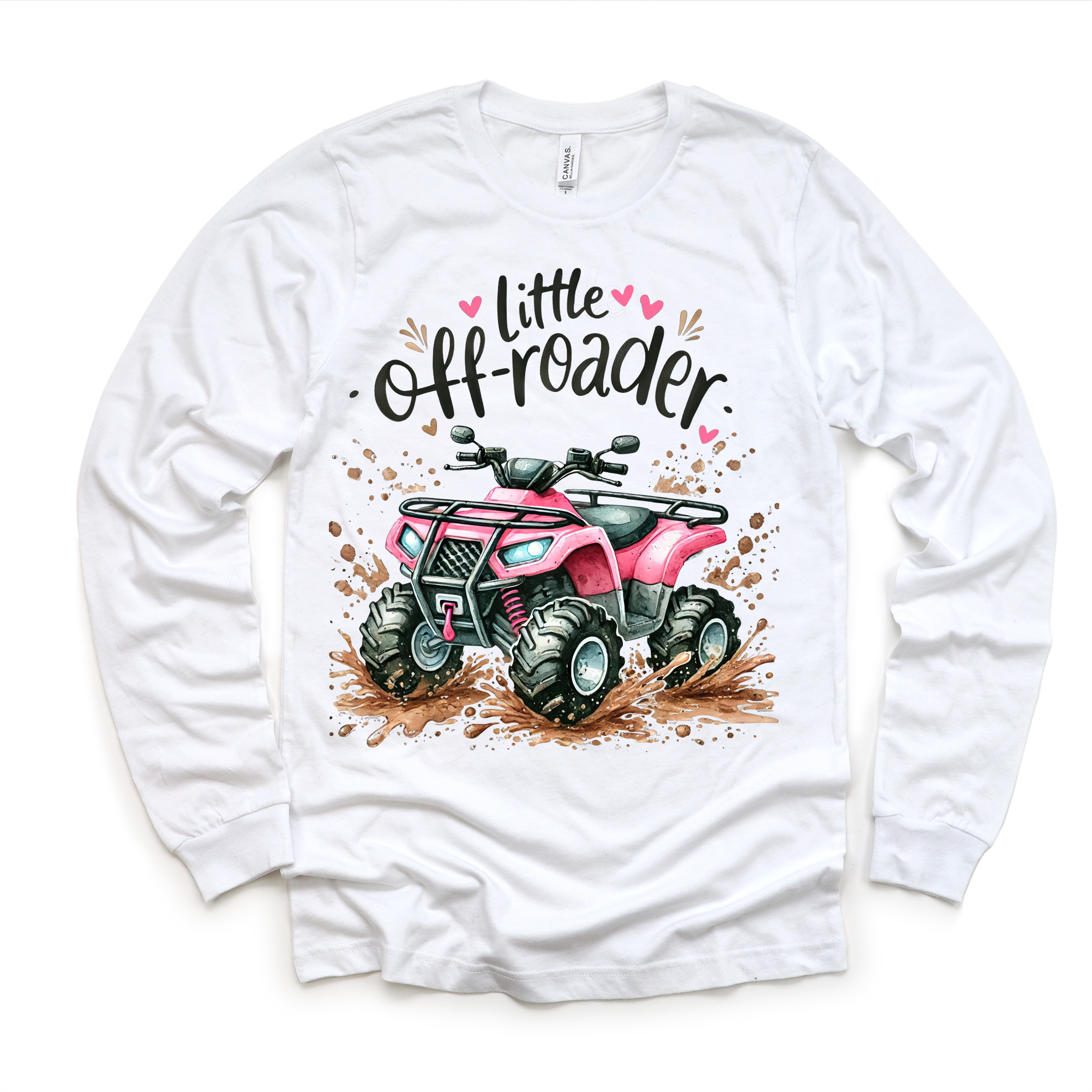 White long sleeve shirt with pink off-road vehicle graphic and 'Little Off-roader' text on a white background