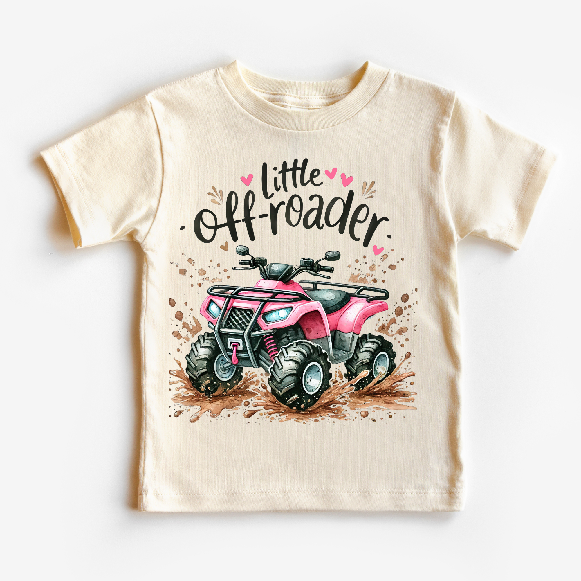 Beige t-shirt with pink ATV graphic and 'Little Off-roader' text on a white background