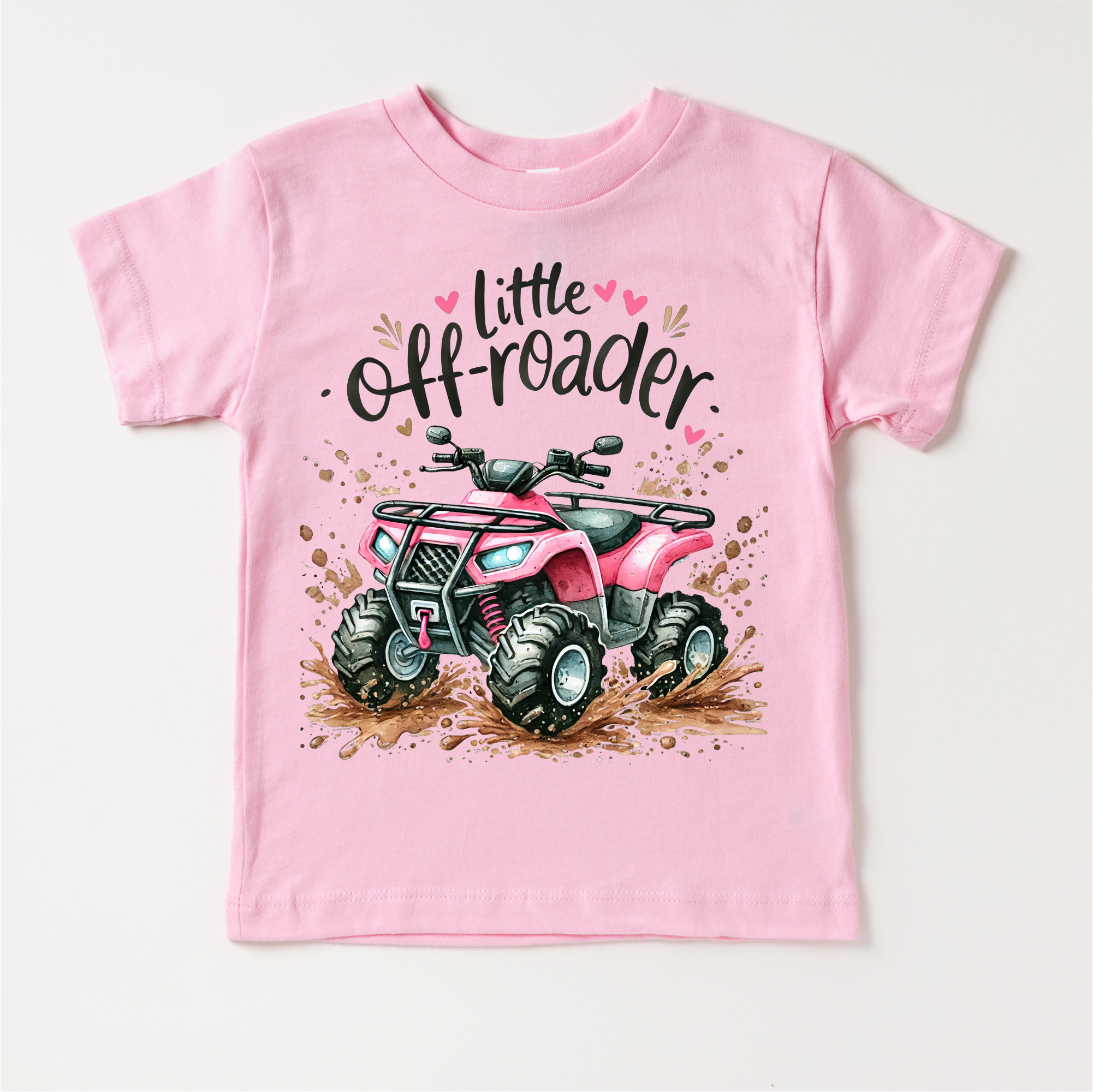 Pink children's t-shirt with an ATV graphic and 'Little Off-Roader' text on a white background