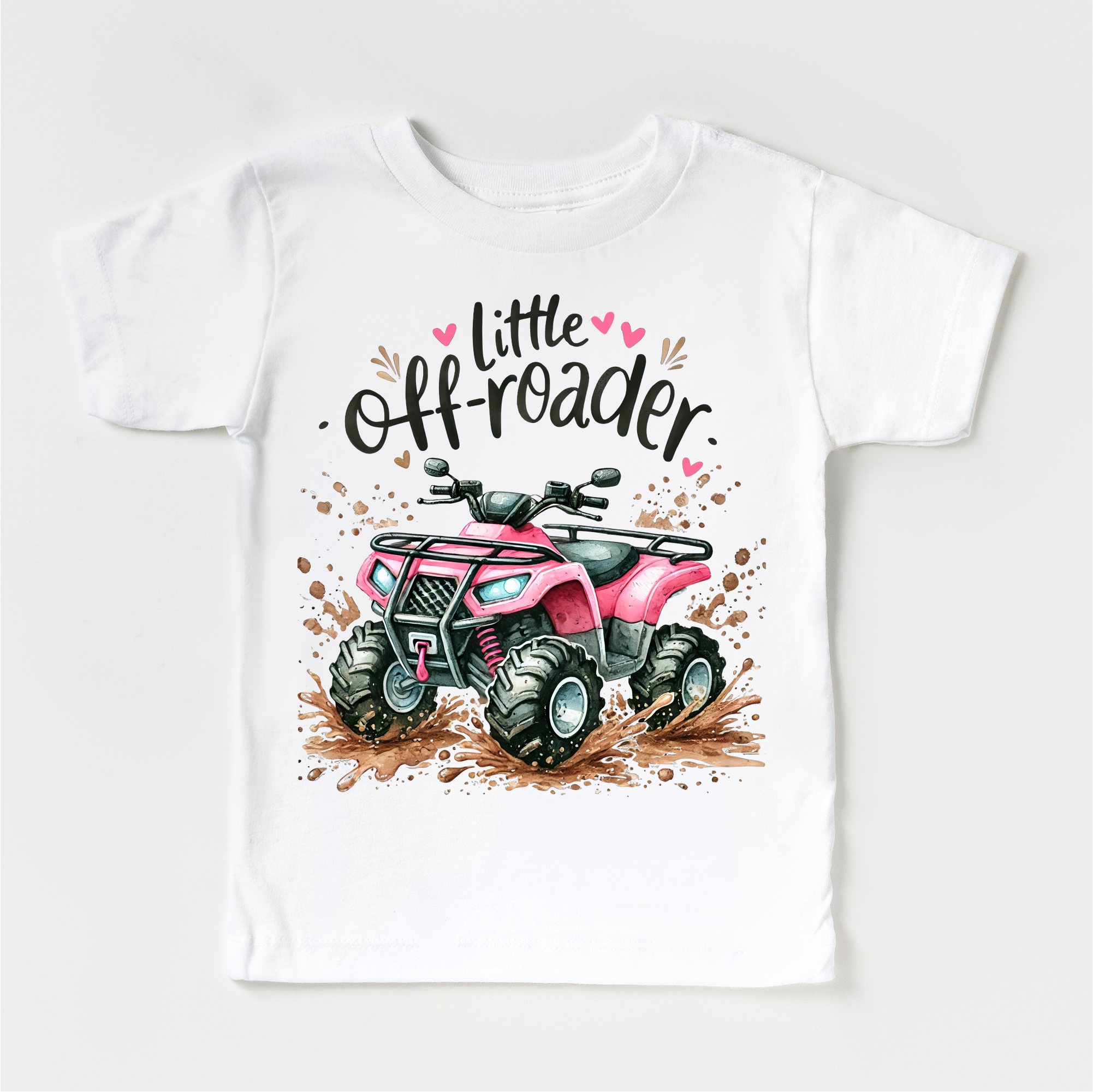 White t-shirt with pink ATV graphic and 'little off-roader' text on a white background