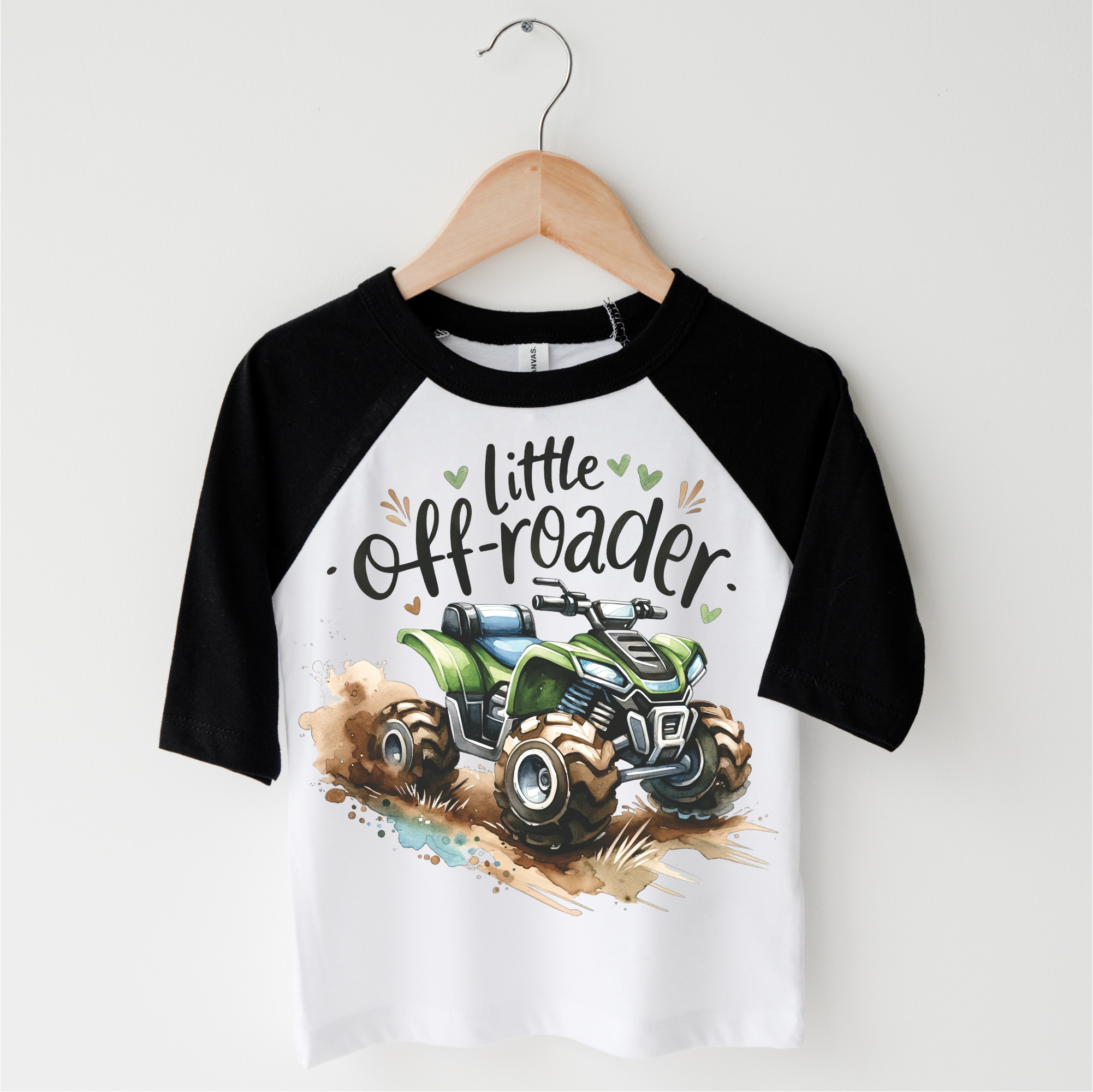 Children's 3/4 sleeve shirt with 'Little Off-roader' text and graphic of an ATV on a hanger.