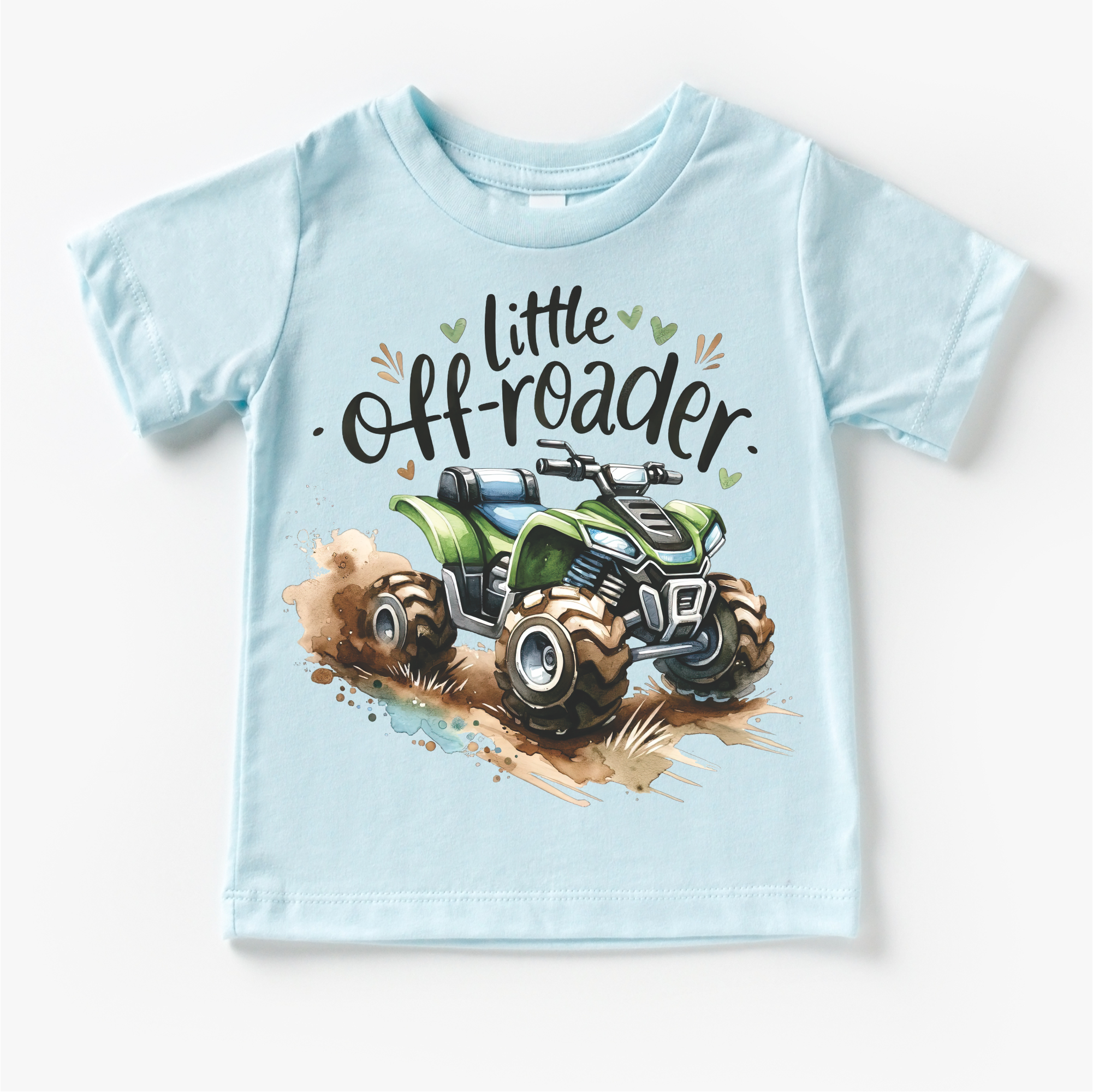 Light blue t-shirt with 'little off-roader' text and ATV graphic on a white background