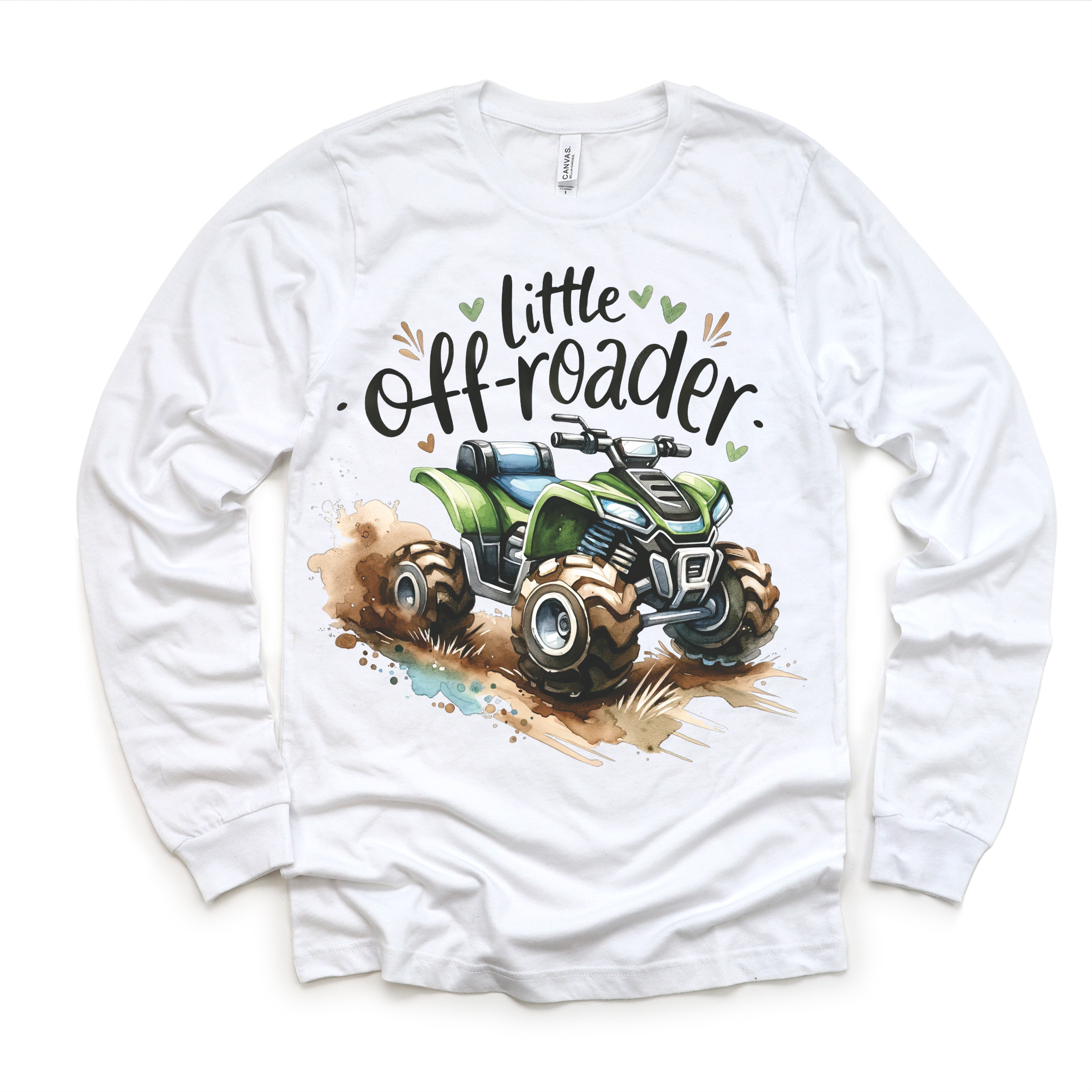 White long-sleeve shirt with 'Little Off-Roader' graphic and ATV illustration on a white background