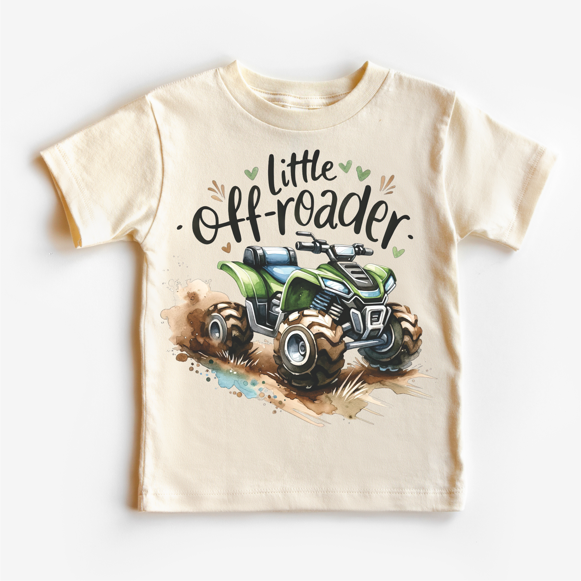 Beige t-shirt with 'Little Off-roader' text and off-road vehicle graphic on a white background