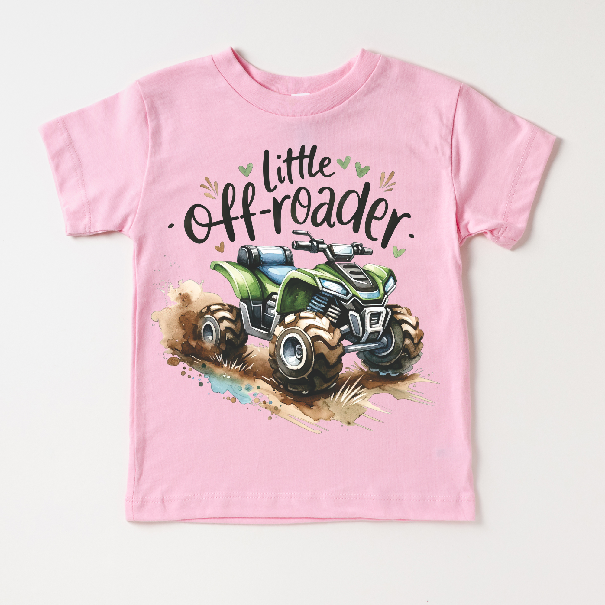 Pink children's t-shirt with 'Little Off-Roader' text and ATV graphic on a white background