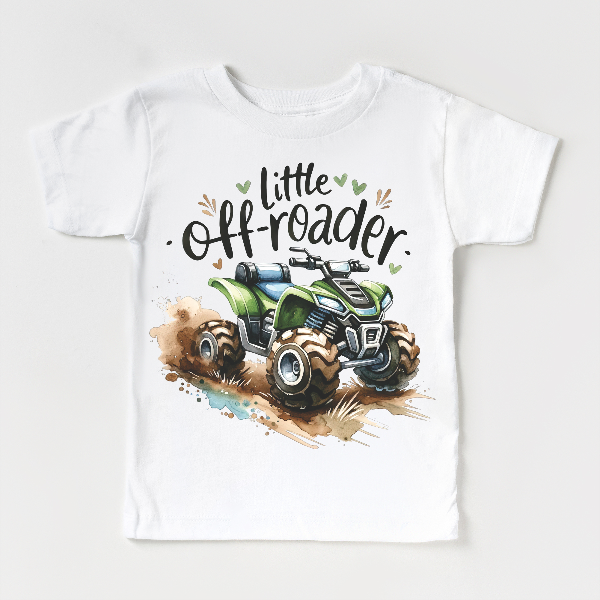 White t-shirt with green ATV graphic and 'Little Off-roader' text on a white background
