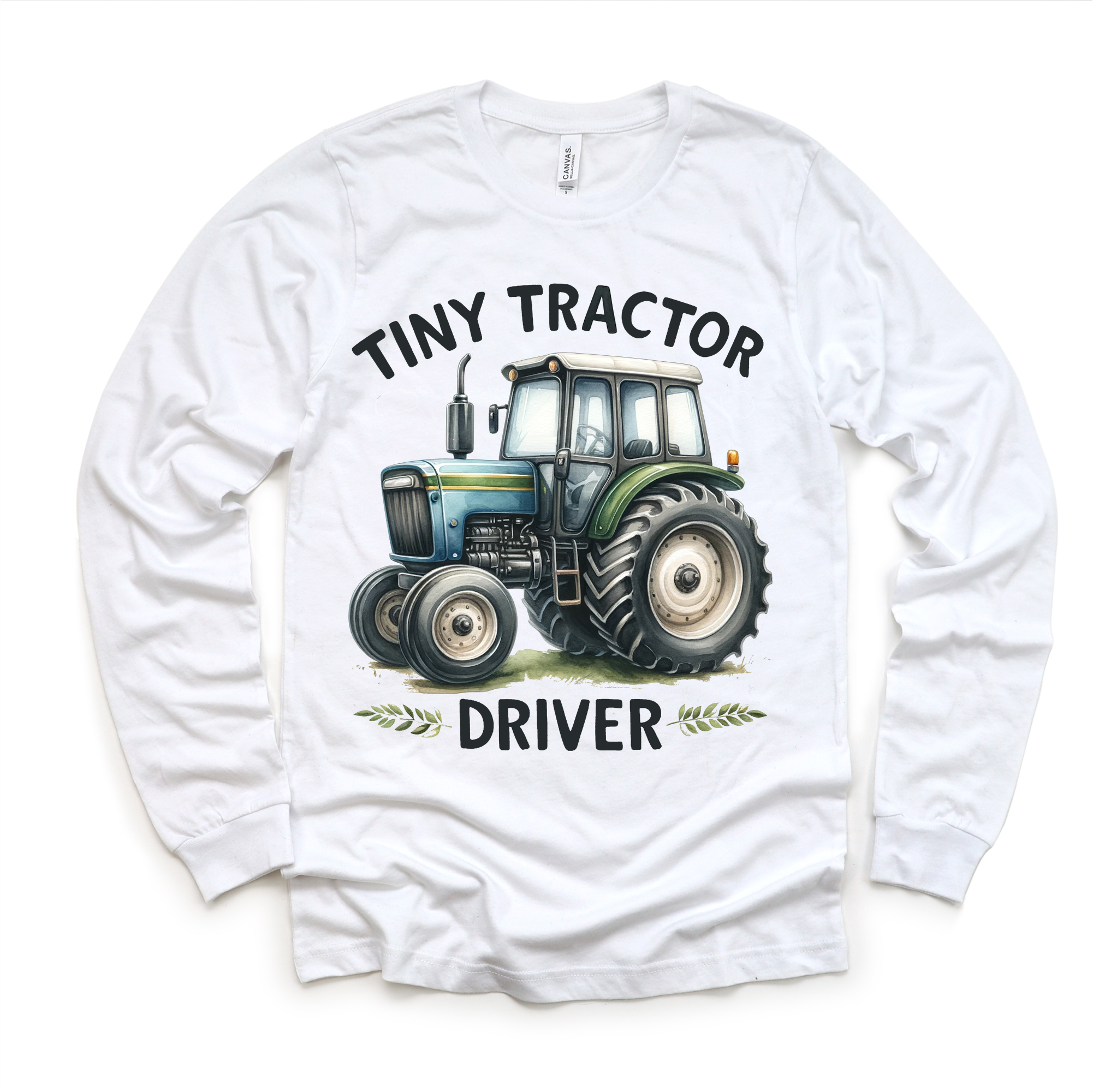 White long sleeve shirt with a tractor graphic and text on a white background