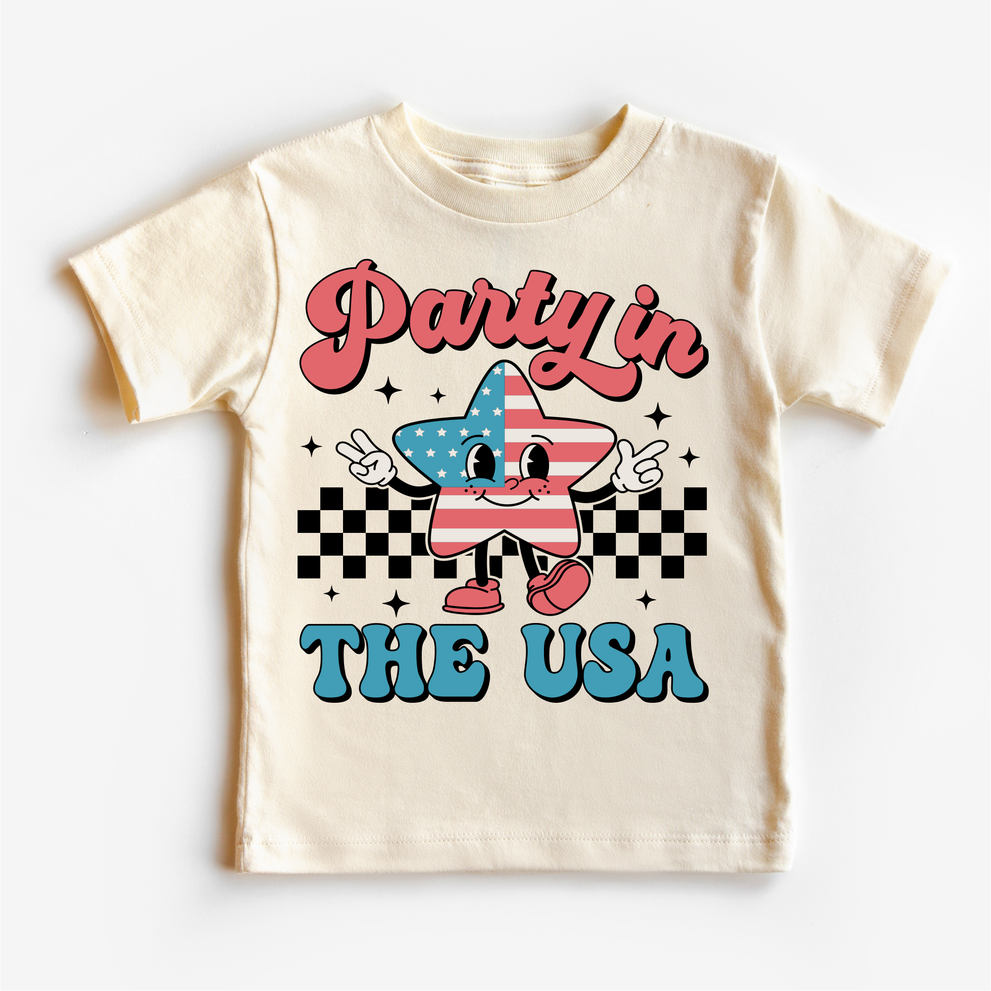 Beige t-shirt with 'Party in the USA' graphic design on a white background