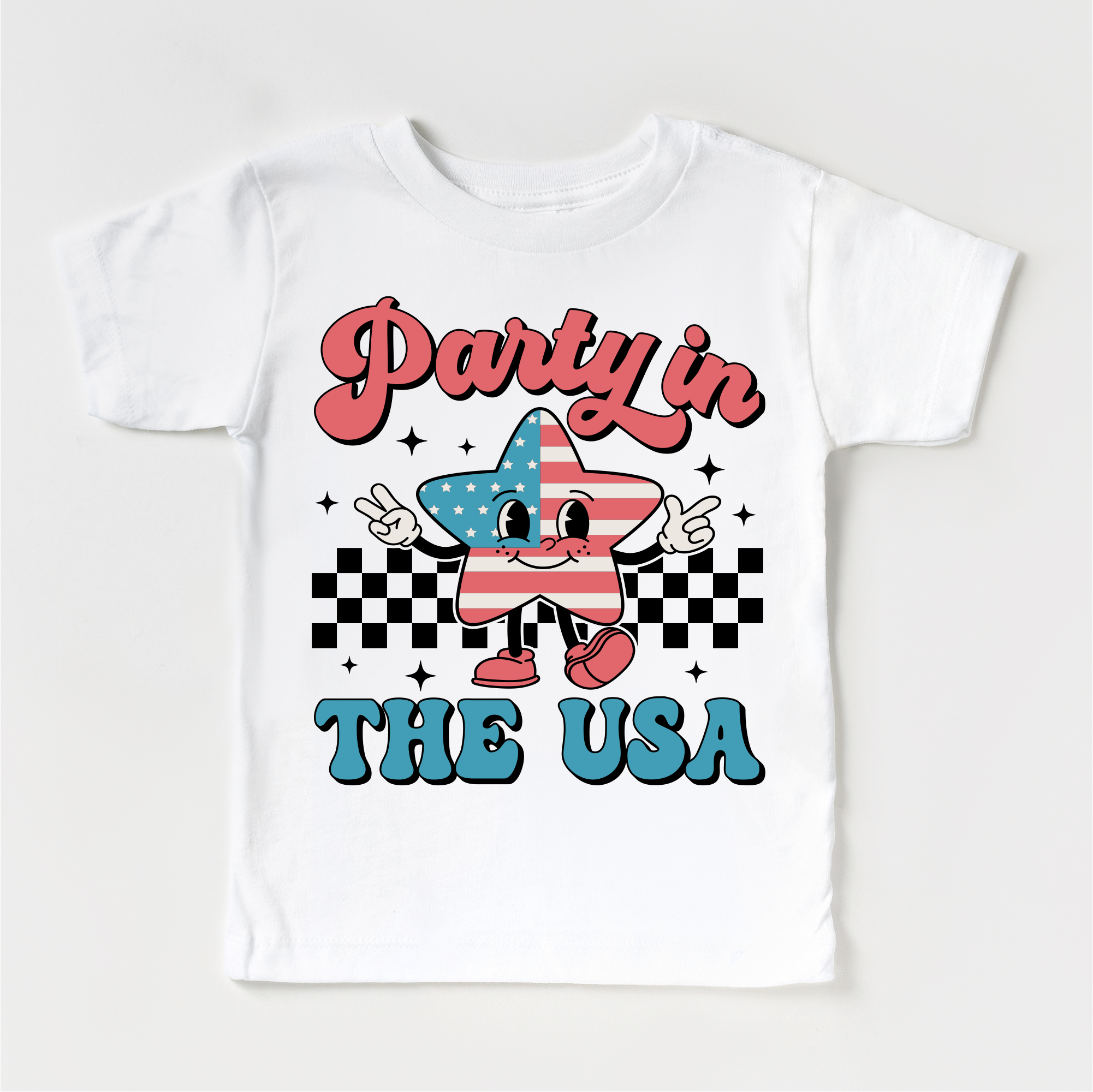 White t-shirt with 'Party in the USA' graphic design featuring a star with an American flag pattern on a white background.